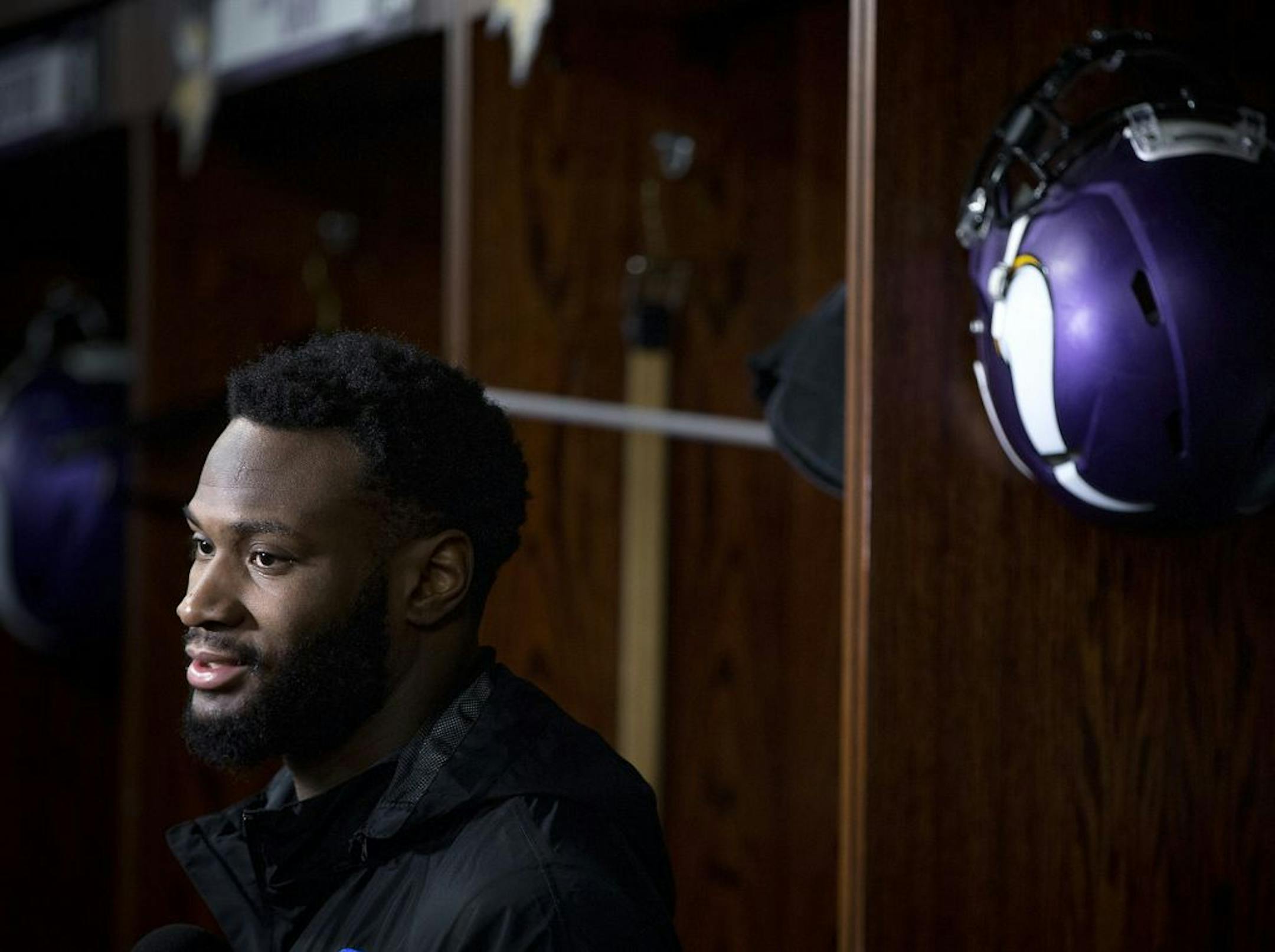 Minnesota Vikings Latavius Murray spoke briefly to the media as he cleaned out his locker at Winter Park, Monday, January 22, 2018 in Eden Prairie, MN.
