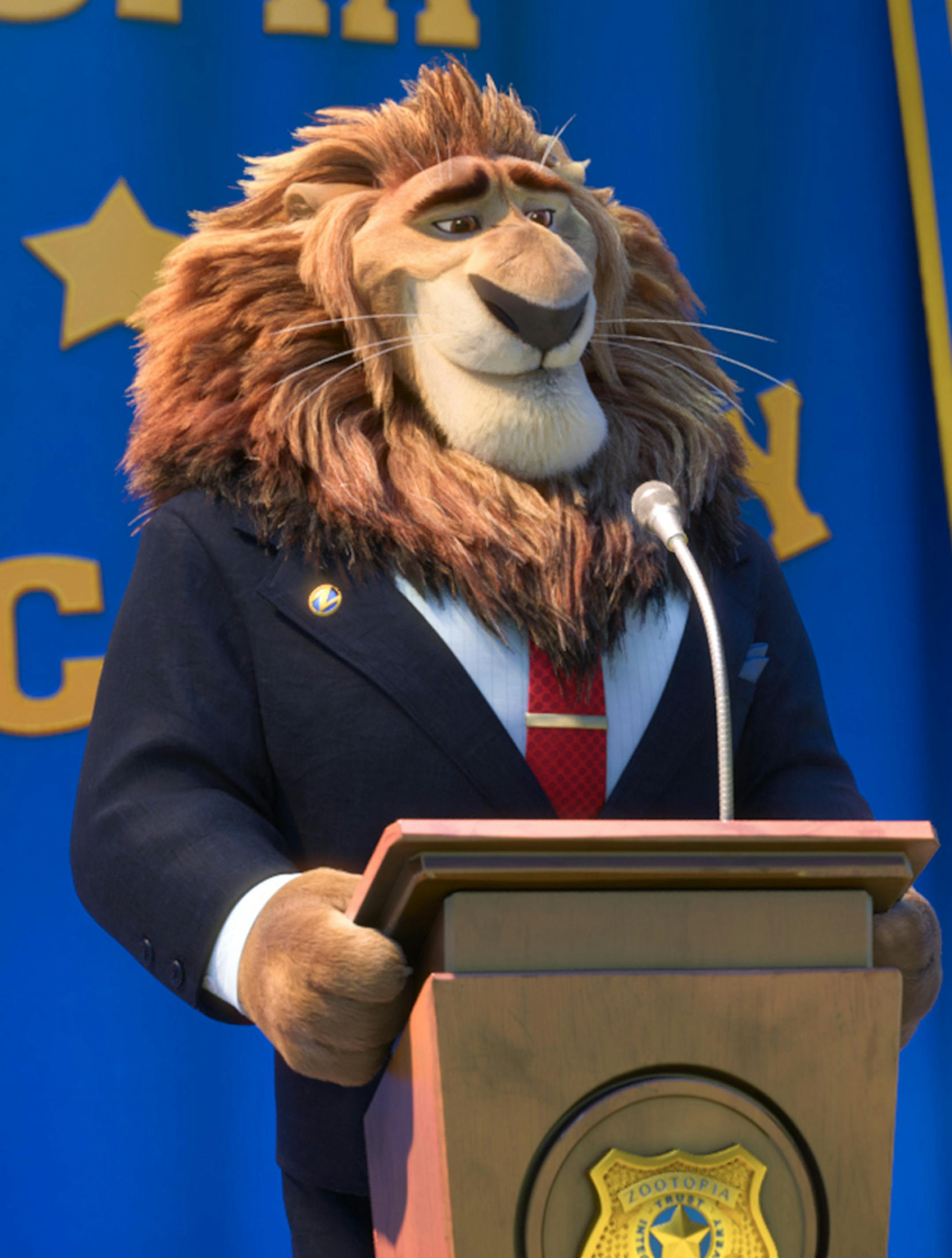 This image released by Disney shows Mayor Lionheart, voiced by J.K. Simmons, left, and Assistant Mayor Bellwether, voiced by Jenny Slate, in a scene from the animated film, "Zootopia." (Disney via AP)