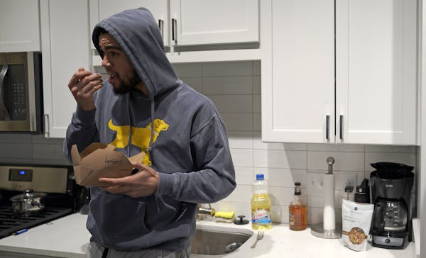 Jordan Greenway's kitchen serves as more of a backdrop for eating from restautrant containers than a place to prepare meals. But he's learning.