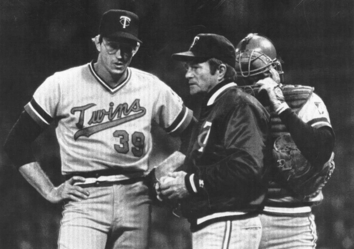 Twins manager Billy Gardner stood with closer Ron Davis and catcher Tim Laudner on the mound during their 11-10 loss at Cleveland on Sept. 28, 1984. That loss eliminated the Twins from playoff contention, after they led that game 10-0.