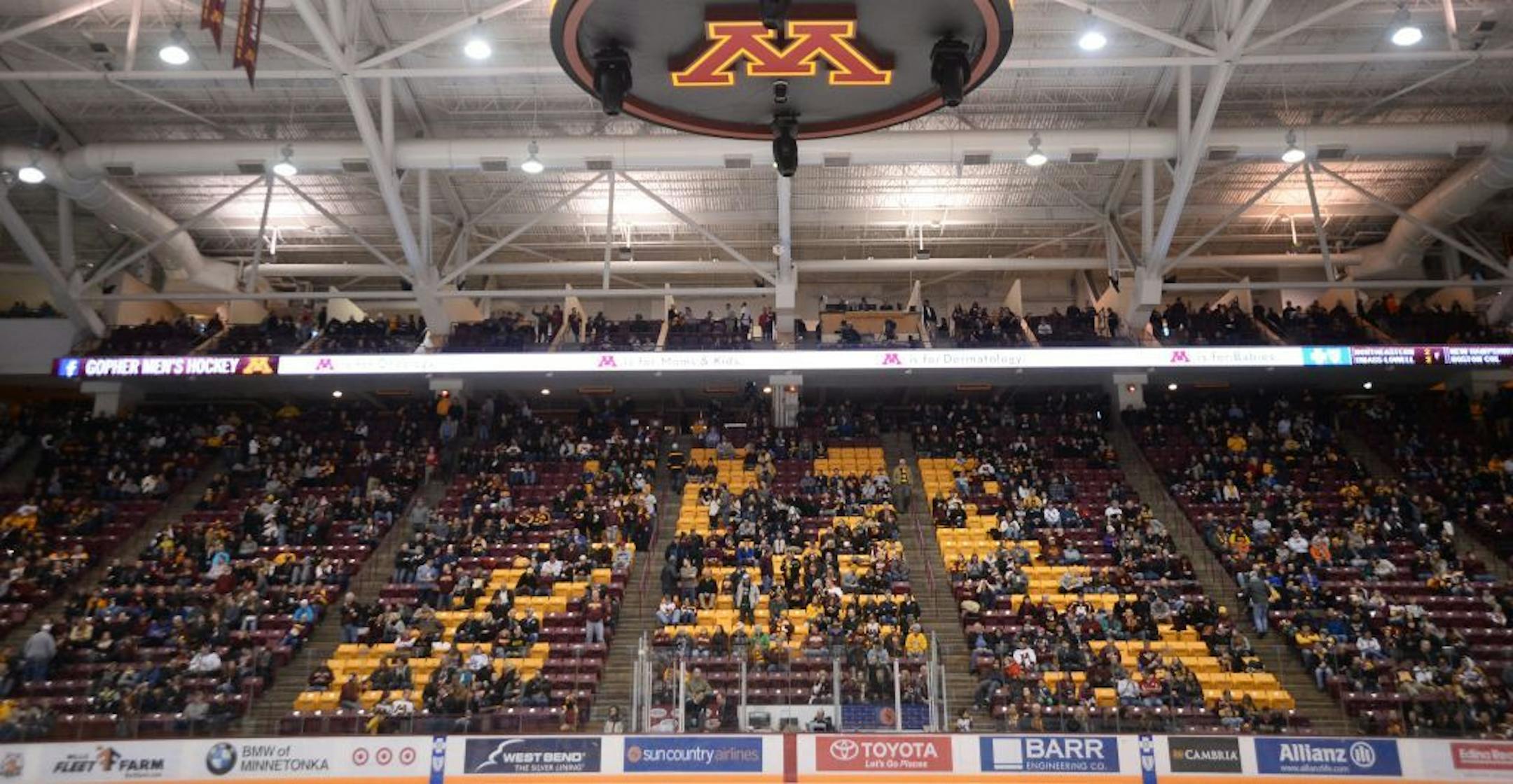 Fans sat in the stands in February for the third period during the Gophers men's hockey game against the Penn State Nittany Lions. The announced attendance was 10,053.