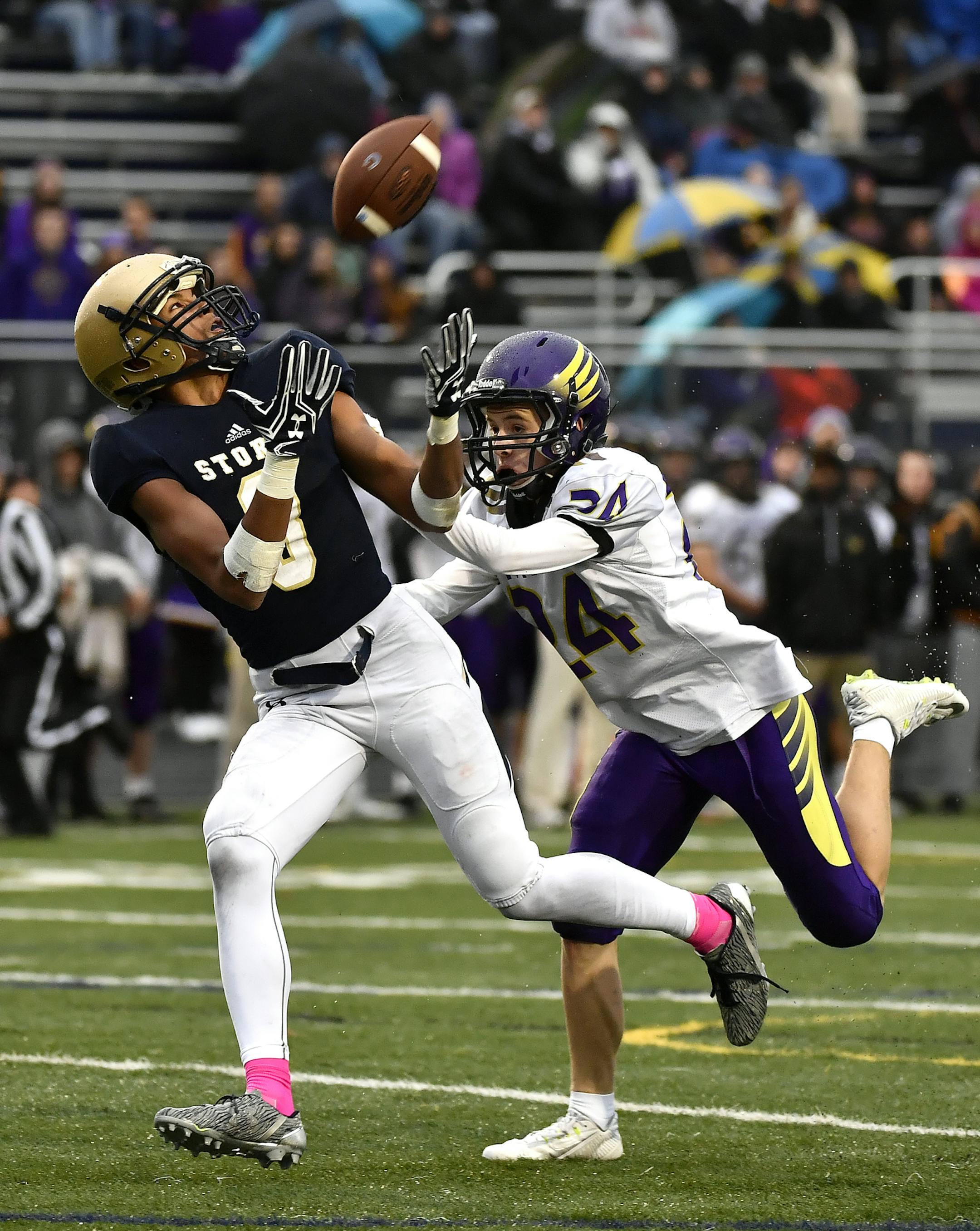 Chanhassen wide receiver Keagan Williams (3) made a touchdown reception under the defense of Chaska defensive back Payton Hruska (24) in the fourth quarter. ] (AARON LAVINSKY/STAR TRIBUNE) aaron.lavinsky@startribune.com Chaska played Chanhassen in a football section semifinal game on Saturday, Oct. 29, 2016 at Chanhassen High School.