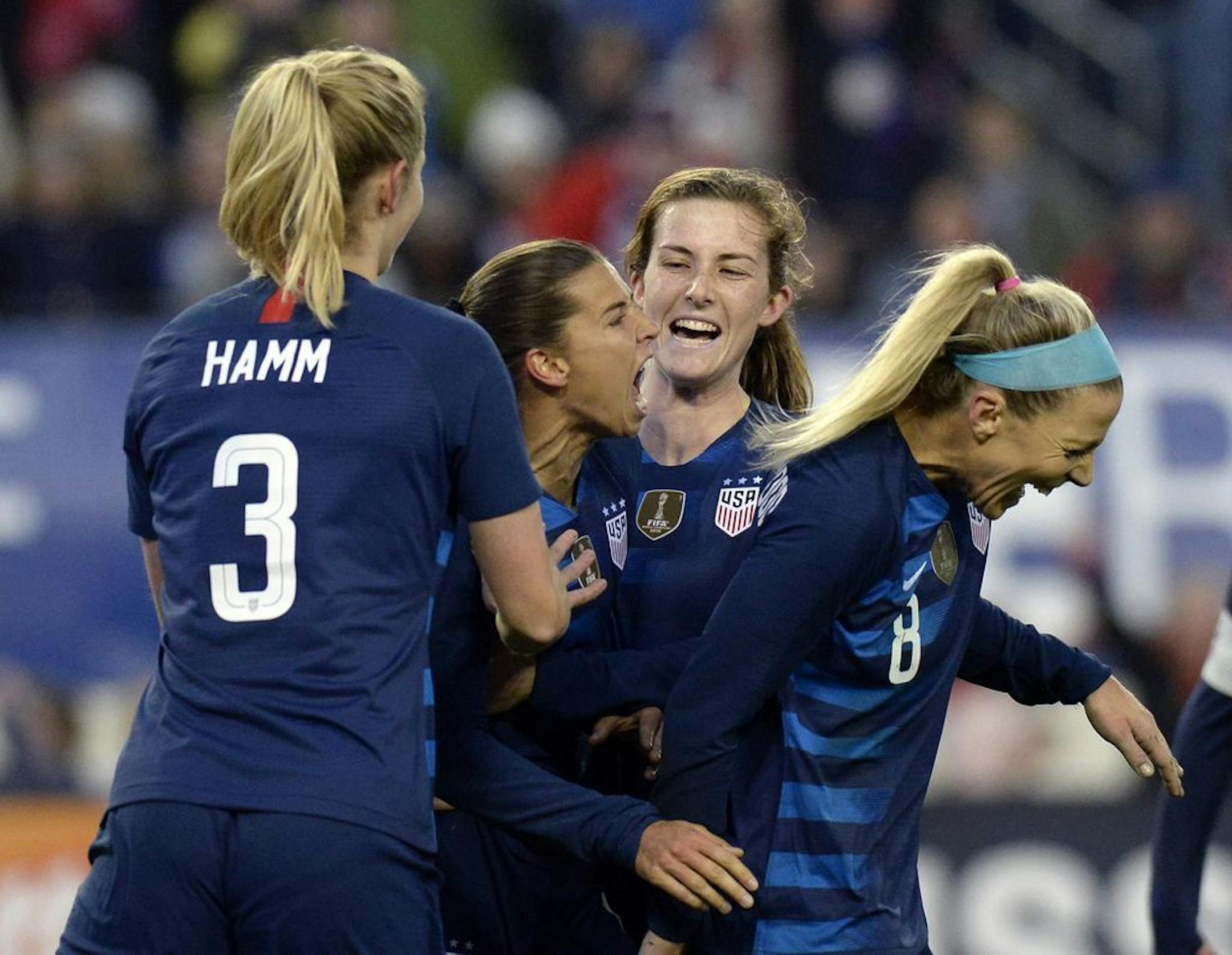 United States forward Tobin Heath, center, celebrates with teammates after scoring a goal against England during the second half of a SheBelieves Cup women's soccer match Saturday, March 2, 2019, in Nashville, Tenn. The United States and England played to a 2-2 draw.