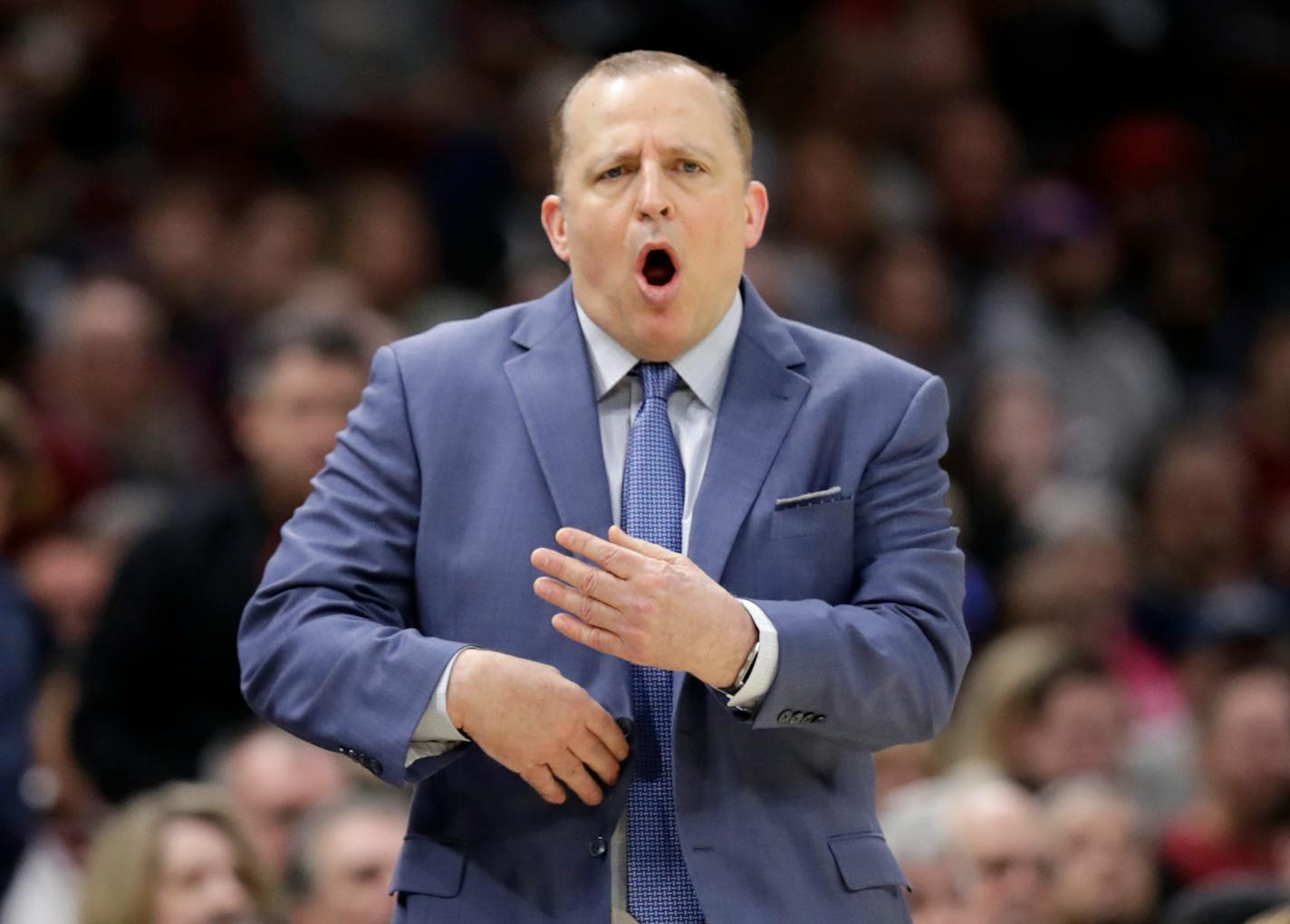 Minnesota Timberwolves head coach Tom Thibodeau yells instructions to players in the first half of an NBA basketball game against the Cleveland Cavaliers, Monday, Nov. 26, 2018, in Cleveland. (AP Photo/Tony Dejak)