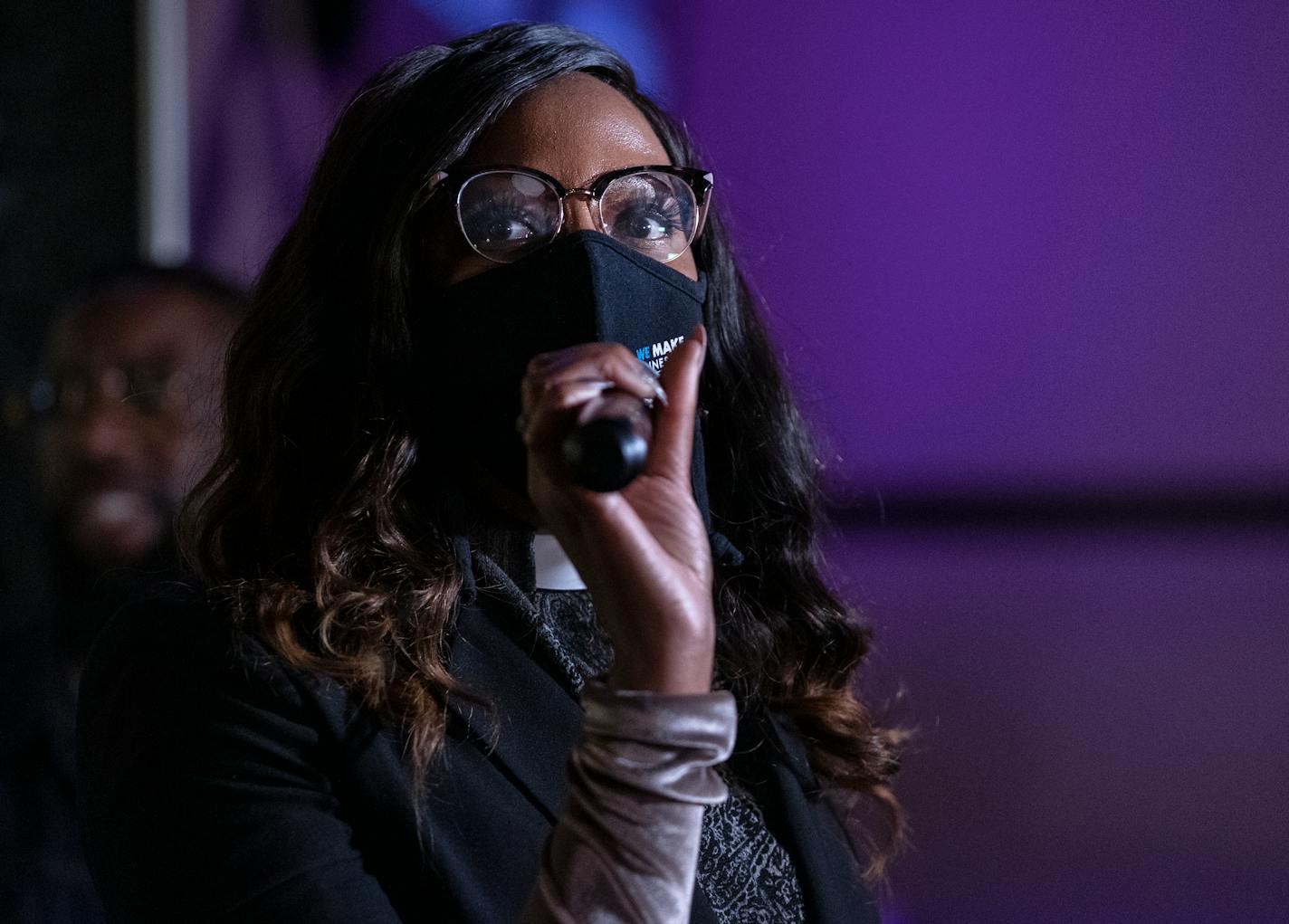 JaNae Bates speaks during the Yes On 2 Election Night Party at the Gold Room Restaurant &amp; Lounge, Tuesday, Nov. 2, 2021 in Minneapolis, Minn. ] CARLOS GONZALEZ • cgonzalez@startribune.com