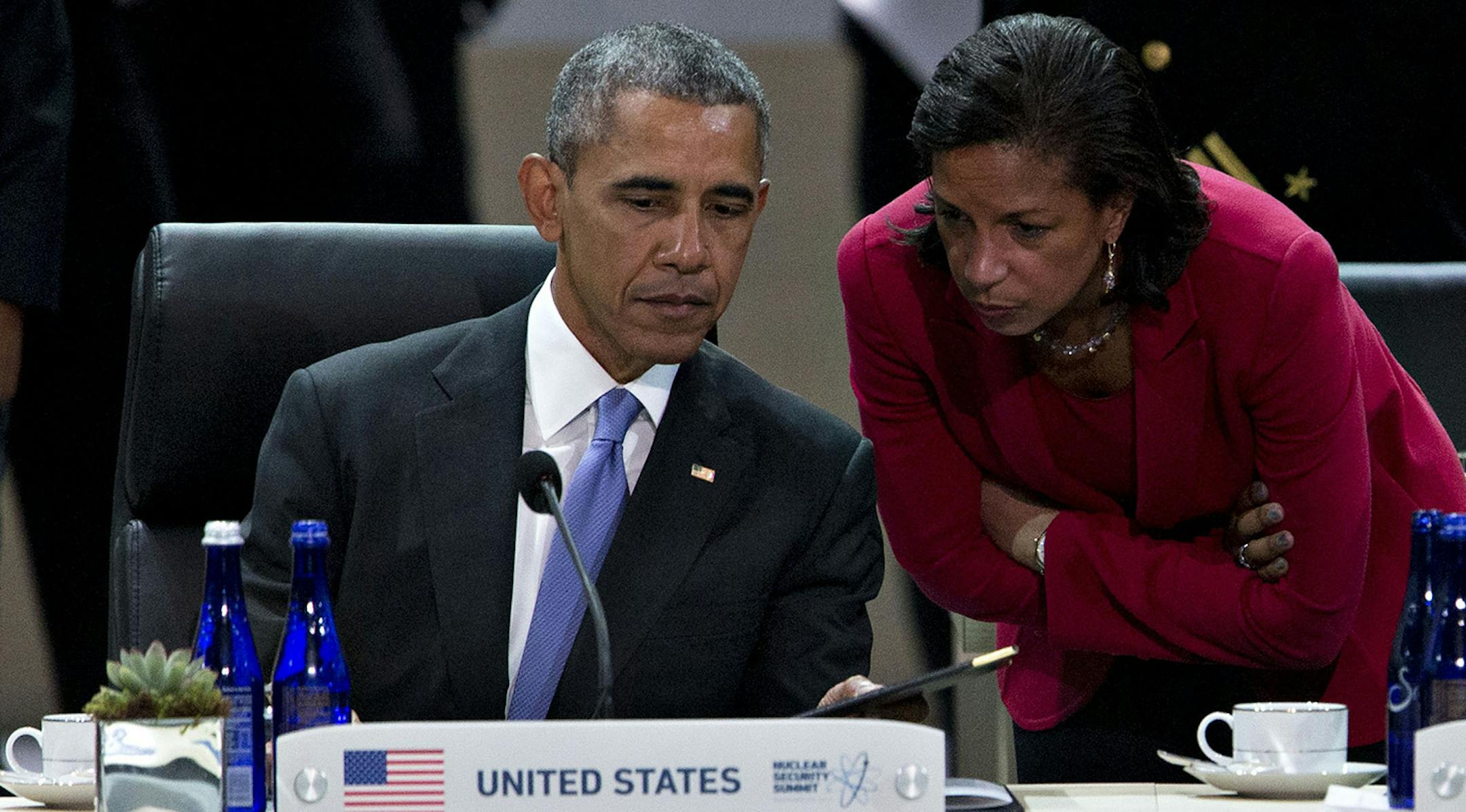 U.S. President Barack Obama, left, talks to Susan Rice, U.S. national security advisor, at the Nuclear Security Summit in Washington, D.C., USA on Friday, April 1, 2016. After a spate of terrorist attacks from Europe to Africa, Obama is rallying international support during the summit for an effort to keep Islamic State and similar groups from obtaining nuclear material and other weapons of mass destruction. Photo by Andrew Harrer/Bloomberg/Sipa USA ORG XMIT: 541307_036