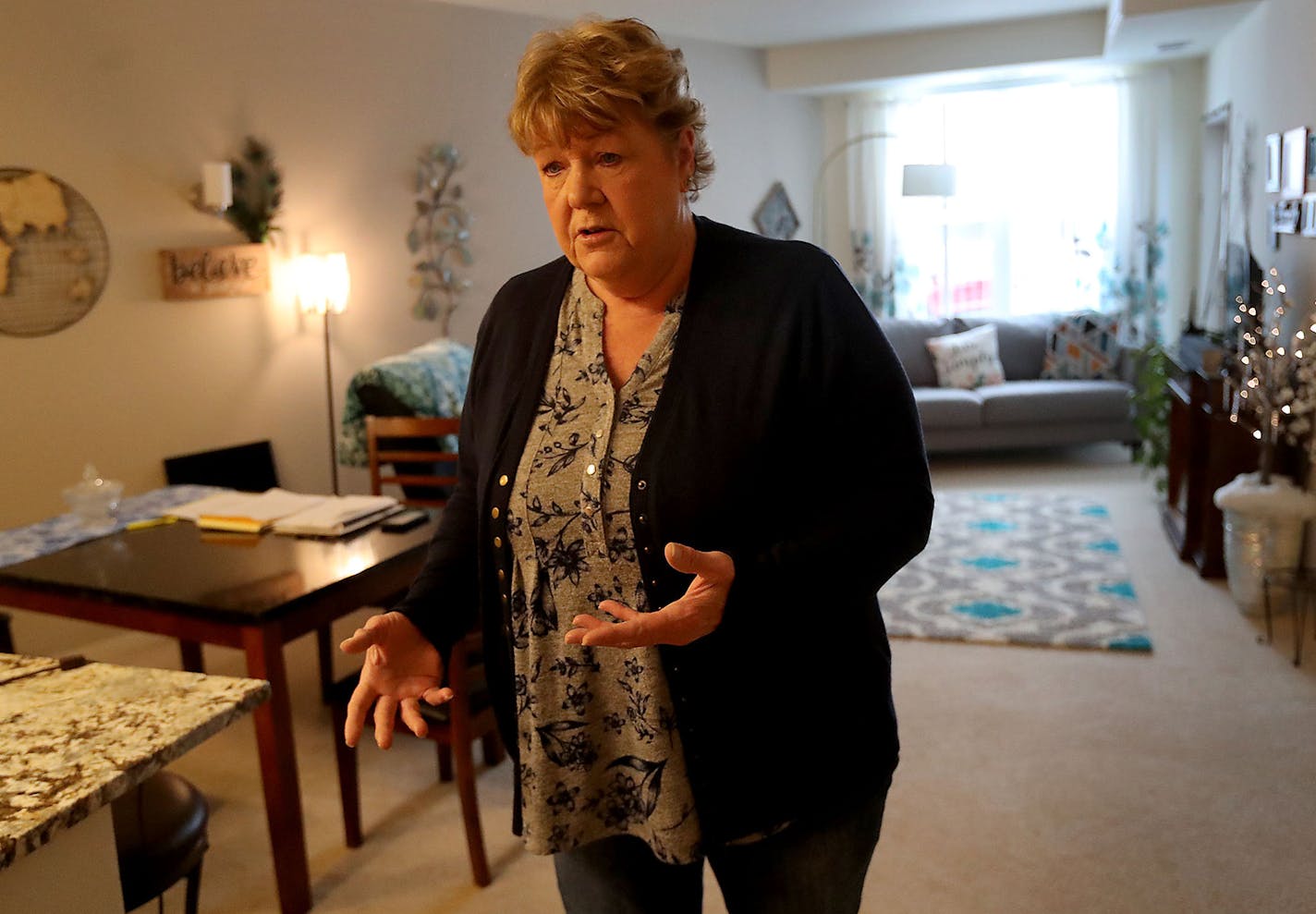 Pam MacDonald, 64, is a resident at River North Senior Apartments in Coon Rapids and was seen in her home Thursday, Jan. 9, 2019, in Coon Rapids, MN. MacDonald has experienced multiple rent increases in the three years she's been living there and has been organizing with other tenants through Homeline and started a petition drive, garnering signatures of 85 residents. "Most of us are stuck here" said MacDonald, who had part of one leg amputated because of a work-related accident that happened de