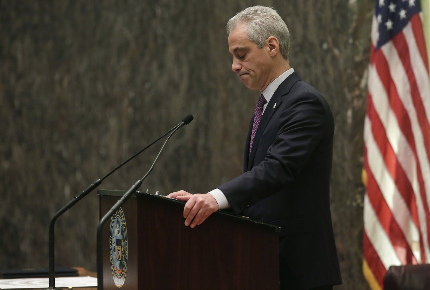 Chicago Mayor Rahm Emanuel speaks during a special City Council meeting to address the crisis over possible police misconduct, at City Hall in Chicago, Dec. 9, 2015. During the speech, Emanuel apologized for the killing of Laquan McDonald, a black teenager who was shot 16 times by a white police officer, and called for "complete and total reform" of the city's police force. (Joshua Lott for The New York Times)