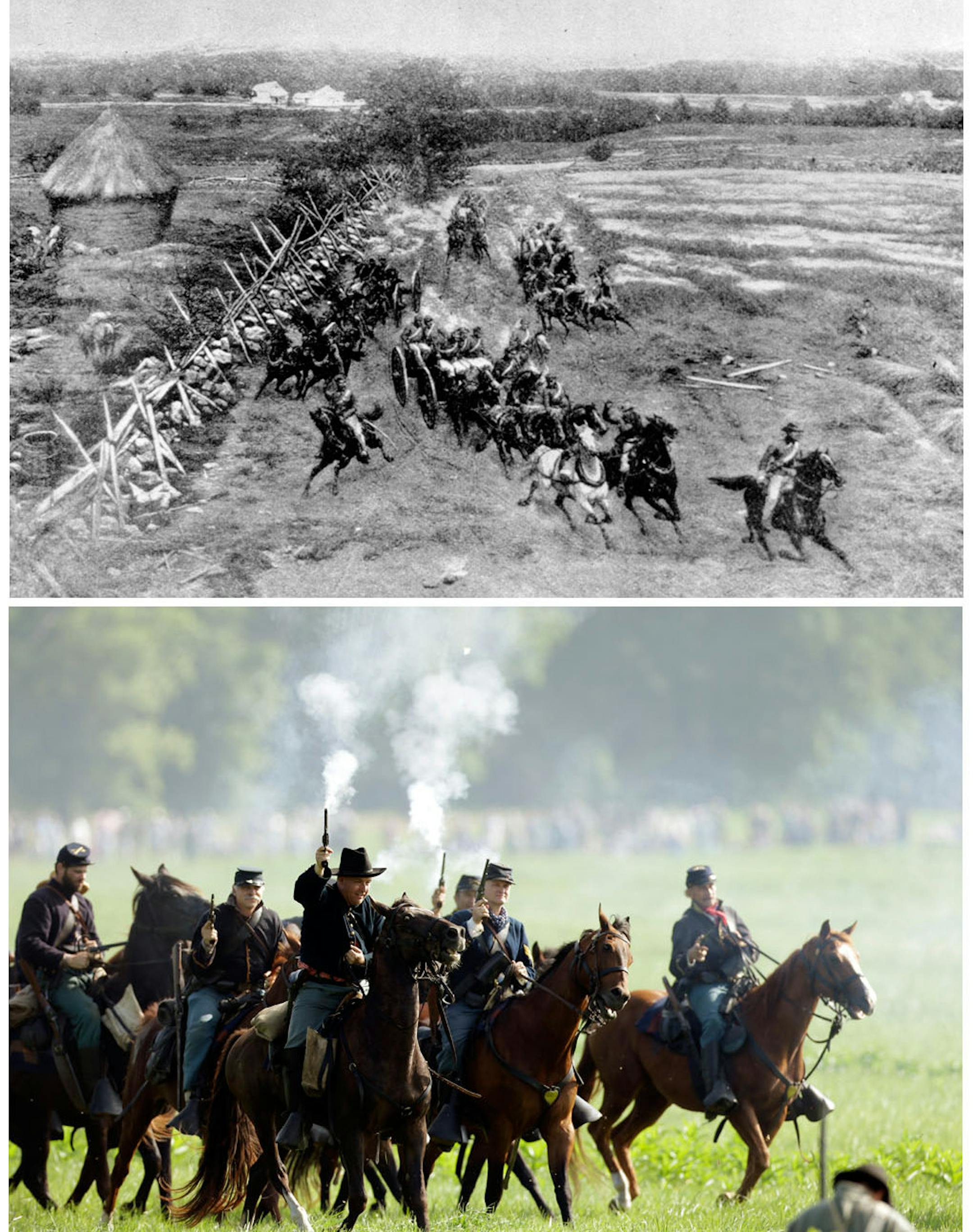 This combination image shows, top, a sketch made available by the U.S. Army Signal Corps of the Union Army galloping into action on horseback at the Battle of Gettysburg, Pa, which took place July 1-3, 1863, during the American Civil War, and bottom, mounted Union re-enactors taking part in a demonstration of a battle during ongoing activities commemorating the 150th anniversary of the Battle of Gettysburg, Friday, June 28, 2013, at Bushey Farm in Gettysburg, Pa. (AP Photo)