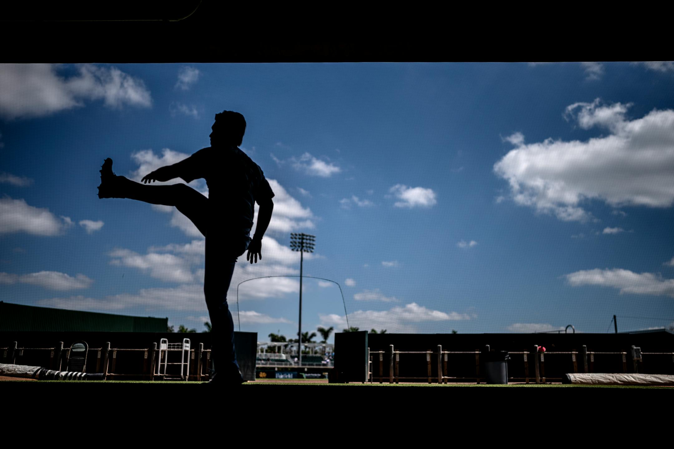 Minnesota Twins starting pitcher Kenta Maeda (18) warmed up to start the game against the Tampa Bay Rays at Hammond Stadium Saturday, Feb.252023 in Fort Myers, Fla.