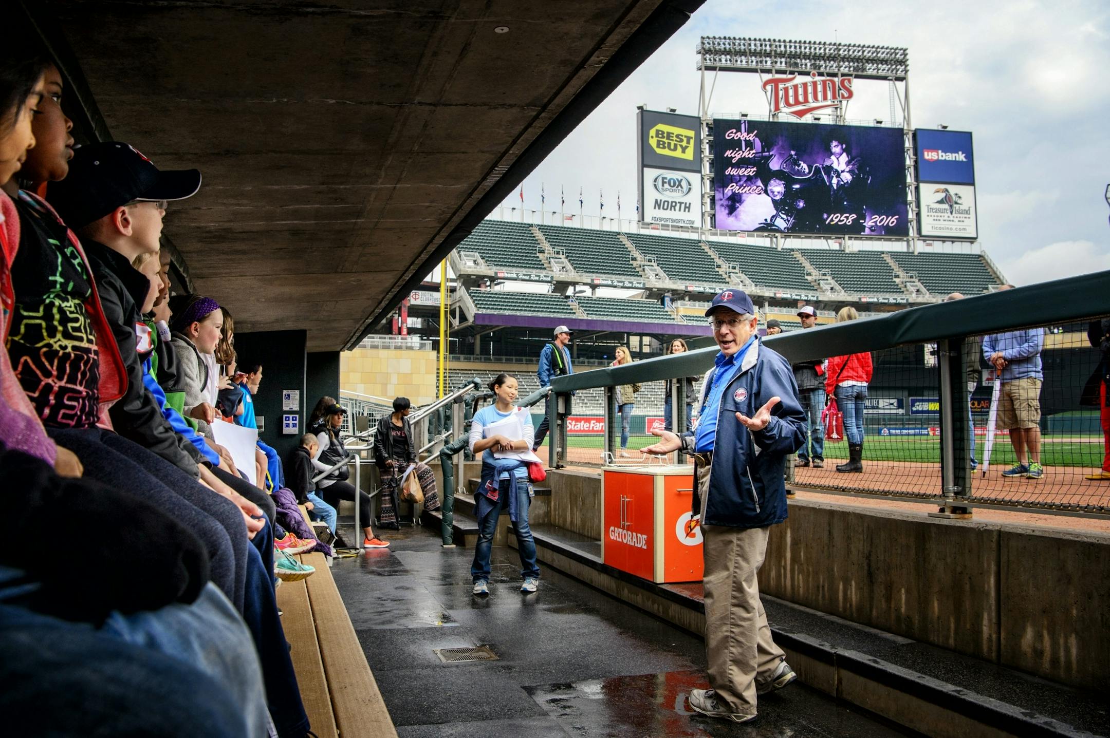 Target Field tour guide Steven Levin tried valiantly to tell a group of visiting second graders who Prince was but they were more interested in trying to run the bases, which is not allowed. "Goodnight Sweet Prince" read the display screens in Target Field following the announcement of Prince's death.