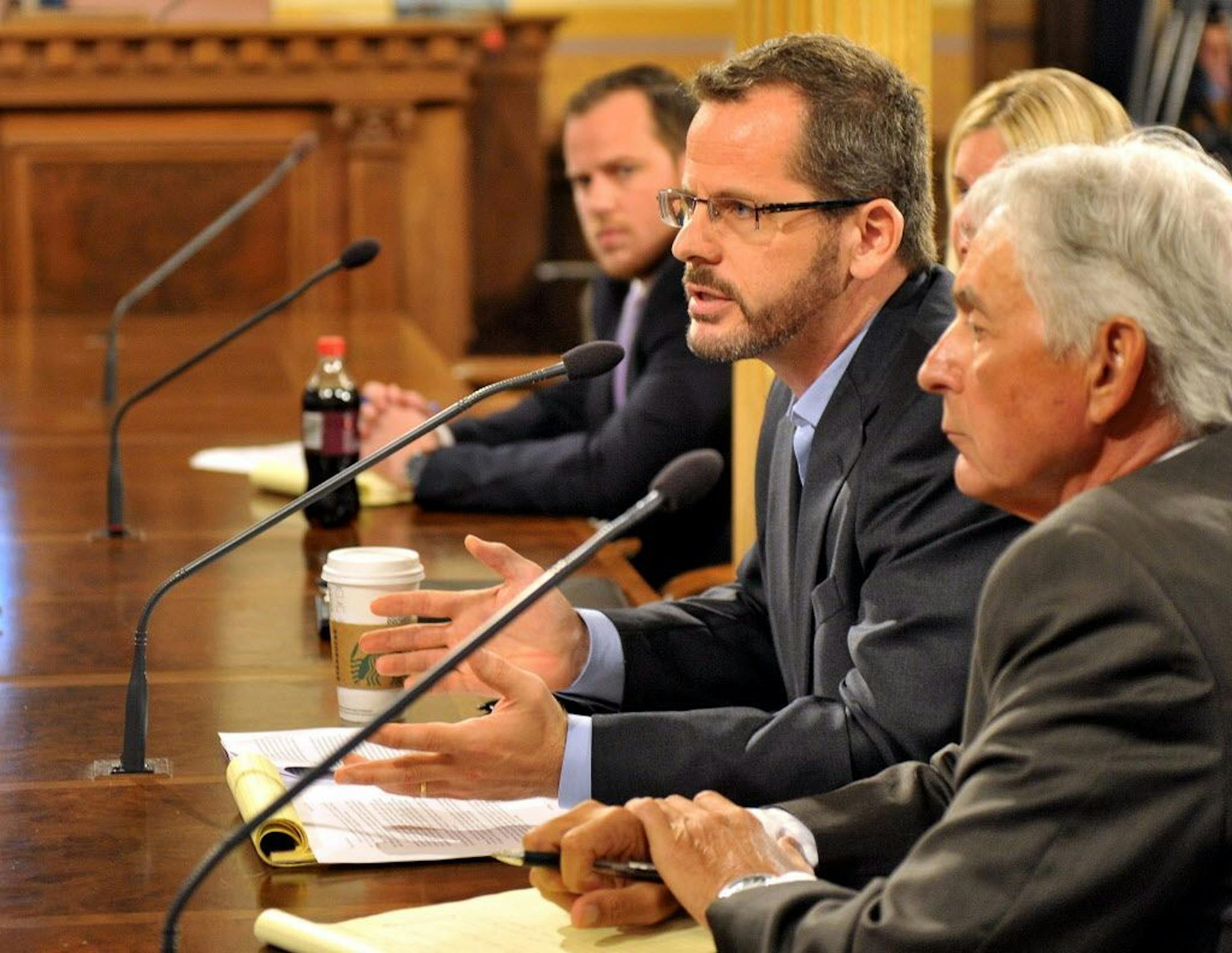 State Rep. Todd Courser, R-Lapeer, testifies before a House committee, Wednesday, Sept 9, 2015, in Lansing, Mich. Courser, who tried to cover up his extramarital affair with Rep. Cindy Gamrat, R-Plainwell, says he's sorry and a censure would give him a chance to restore his dignity and rebuild the public's trust. (Dale G. Young/Detroit News via AP) DETROIT FREE PRESS OUT; HUFFINGTON POST OUT; MANDATORY CREDIT