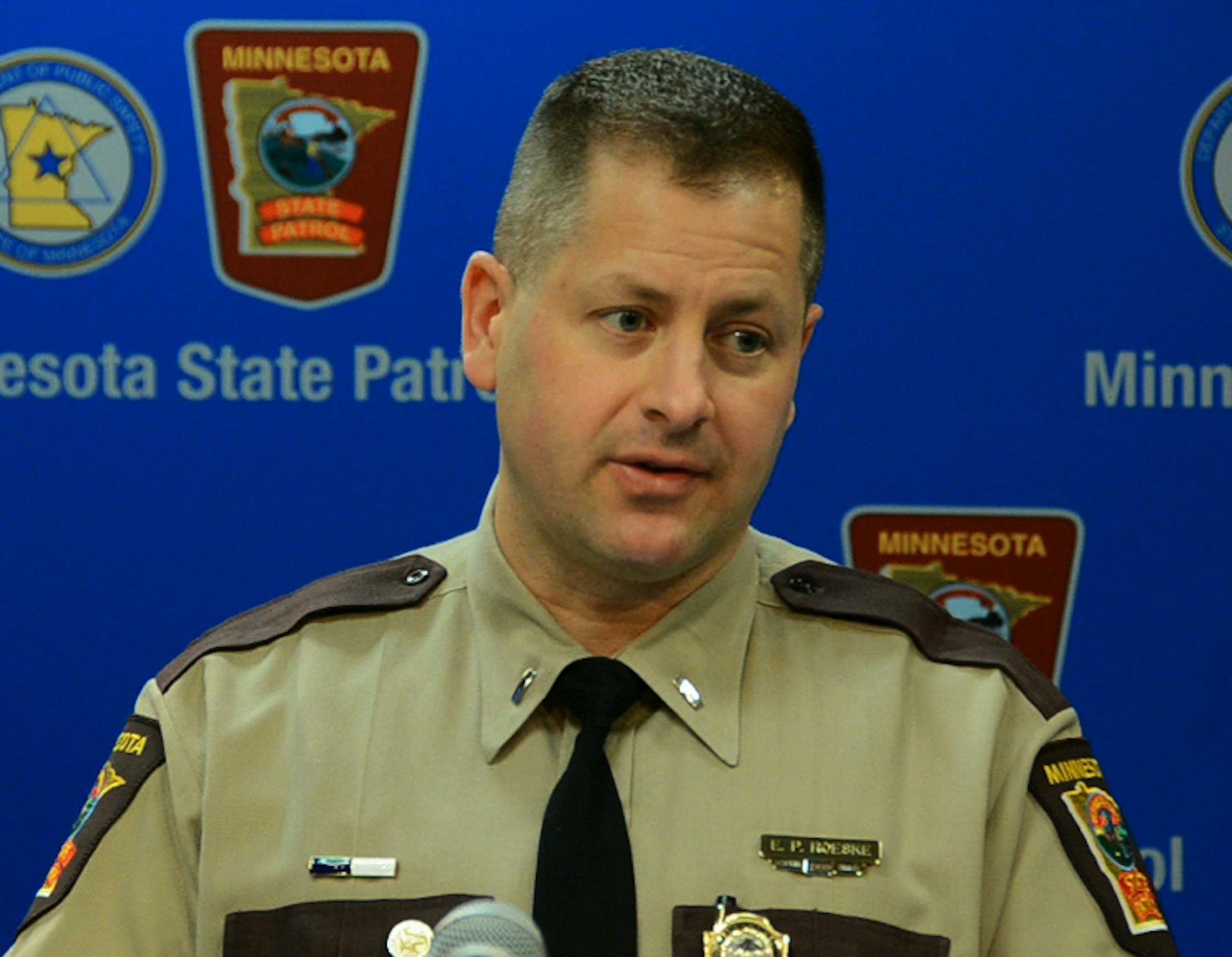Minnesota State Patrol public information officer Eric Roesky spoke about the Sleepy Eye accident at a press conference in St.Paul Saturday. Three teenagers and a 20-year-old were killed Friday in a collision between a car and pickup truck on an icy road outside Sleepy Eye in south-central Minnesota, the State Patrol said. ] DAVID BREWSTER/STAR TRIBUNE