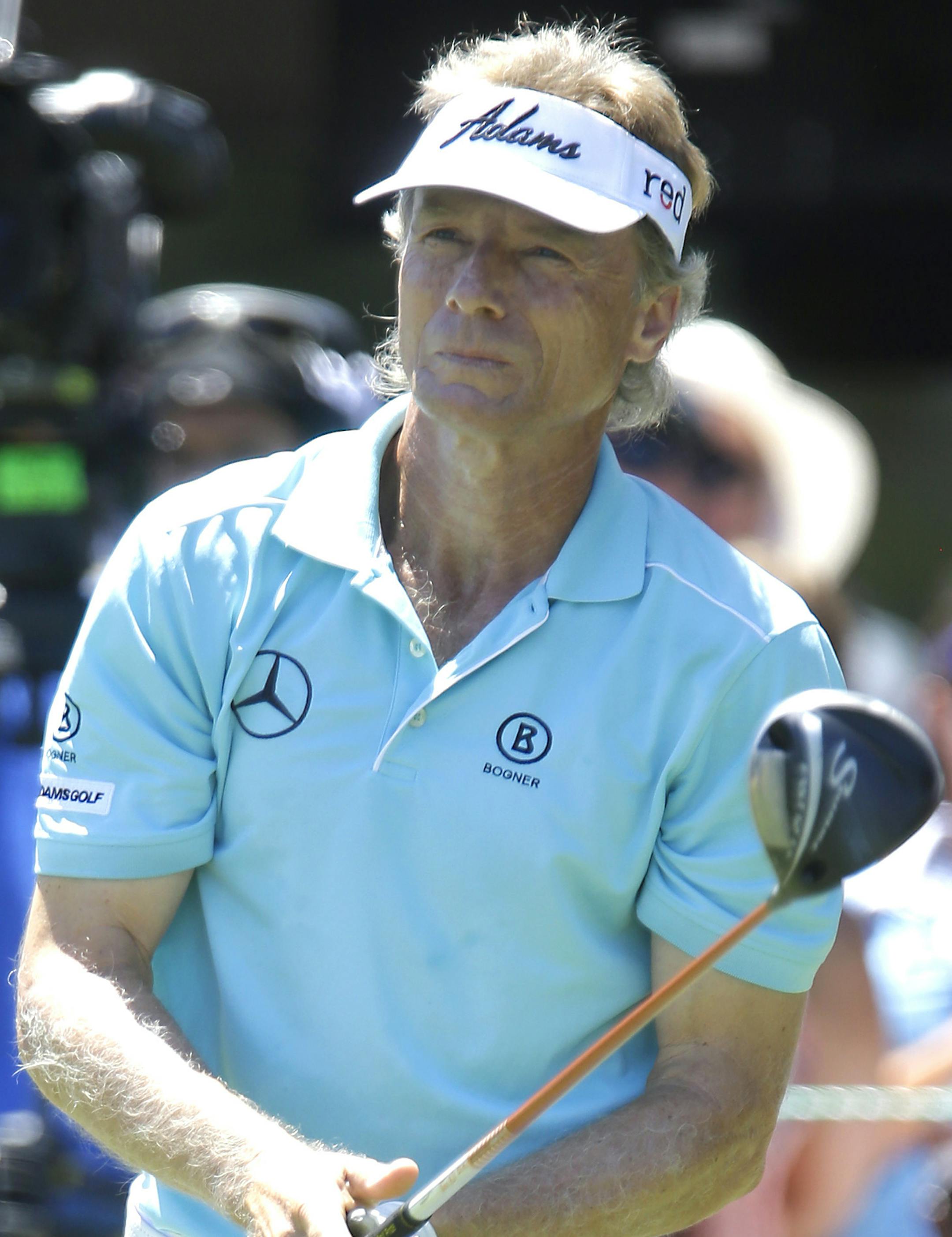 Bernhard Langer, of Germany, watches his tee shot on the first hole in the final round of the U.S. Senior Open golf tournament at Del Paso Country Club in Sacramento, Calif., Sunday, June 28, 2015. (AP Photo/Rich Pedroncelli) ORG XMIT: CARP102