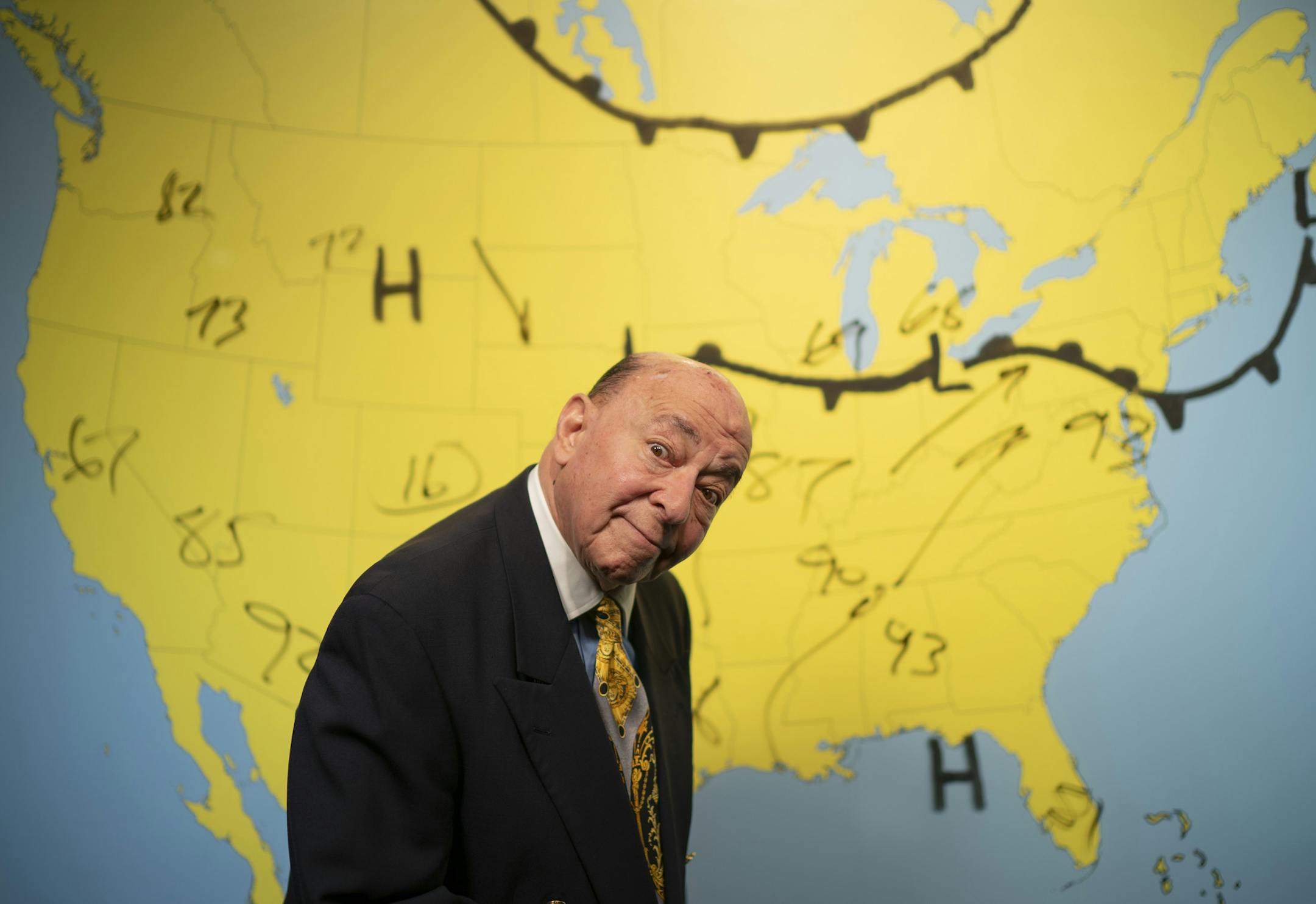 Barry ZeVan, the flamboyant retired Twin Cities weatherman, in the studio after a taping of his "Retro Weather" show at CCX Media in Brooklyn Park.