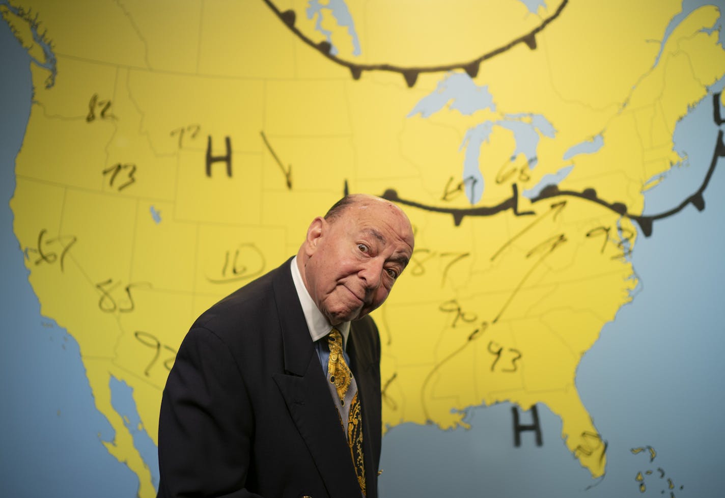 Barry ZeVan, the flamboyant retired Twin Cities weatherman, in the studio after a taping of his "Retro Weather" show at CCX Media in Brooklyn Park.