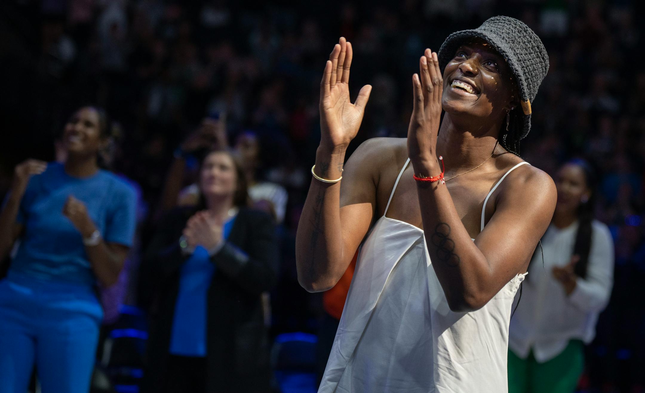 Former Minnesota Lynx center Sylvia Fowles looks up at the rafters as her number 34 was retired after the Lynx defeated the Los Angeles Sparks 91-86 Sunday night at Target Center in Minneapolis.