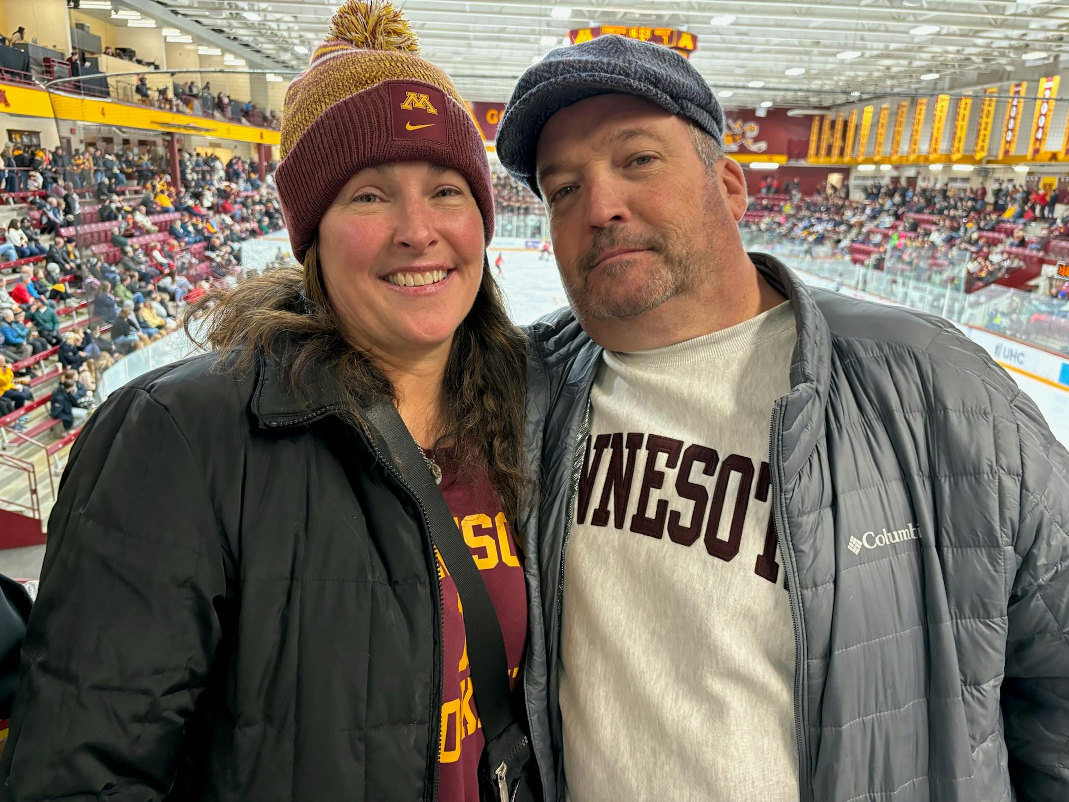 Lynne and Ed Murphy, parents of Gophers women's hockey standout Abbey Murphy, watched Friday night's game against Ohio State at Ridder Arena on Jan. 12, 2024 in Minneapolis. (Patrick Reusse, Star Tribune)