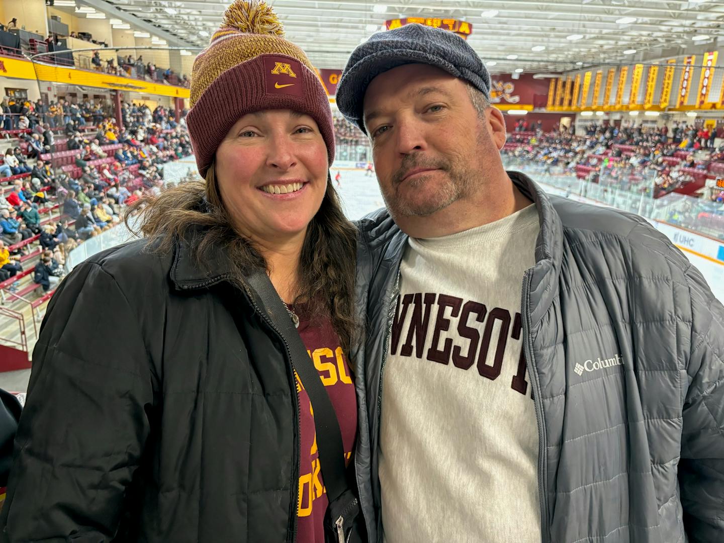 Lynne and Ed Murphy, parents of Gophers women's hockey standout Abbey Murphy, watched Friday night's game against Ohio State at Ridder Arena on Jan. 12, 2024 in Minneapolis. (Patrick Reusse, Star Tribune)