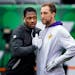 Minnesota Vikings receivers Stefon Diggs and Adam Thielen during pregame warmups before a game in 2018.