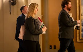 House DFL Leader Melissa Hortman and Rep. Zack Stephenson head to budget negotiations at the State Capitol on Thursday.
