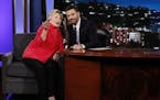 Democratic presidential nominee Hillary Clinton talks with Jimmy Kimmel during a break in the taping of "Jimmy Kimmel Live!" in Los Angeles, Monday, A