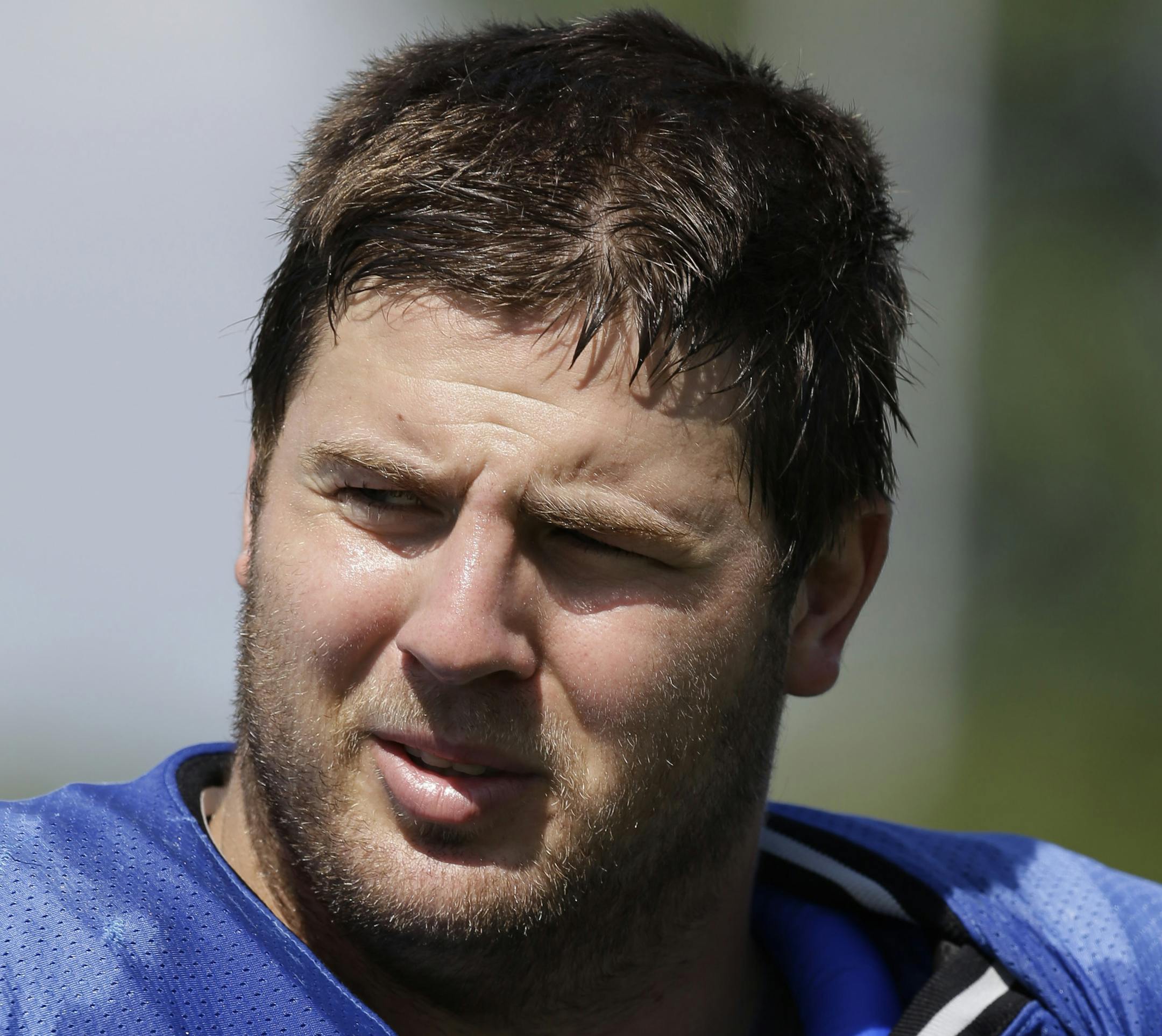 Detroit Lions offensive tackle Riley Reiff watches at the teams NFL football practice facility in Allen Park, Mich., Tuesday, July 30, 2013. (AP Photo/Paul Sancya) ORG XMIT: MIN2013090419264335