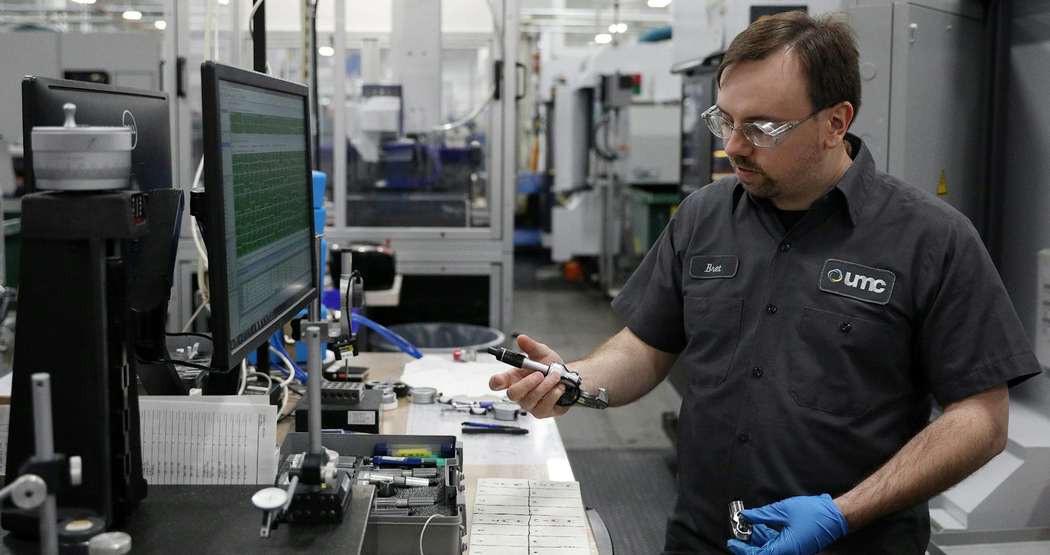 Mill turn machinist Bret Lauderbaugh showed off a tool that collects measurements and then sends the numbers via bluetooth to his main computer Wednesday. ] ANTHONY SOUFFLE &#xef; anthony.souffle@startribune.com Workers operated milling machinery Wednesday, May 24, 2017 at UMC Ultra Machining Co. in Monticello, Minn. An aging baby boomer customer group has caused growing medical sales for UMC which has also seen a surge in orders for its jet engine parts. As a result, company sales now expected