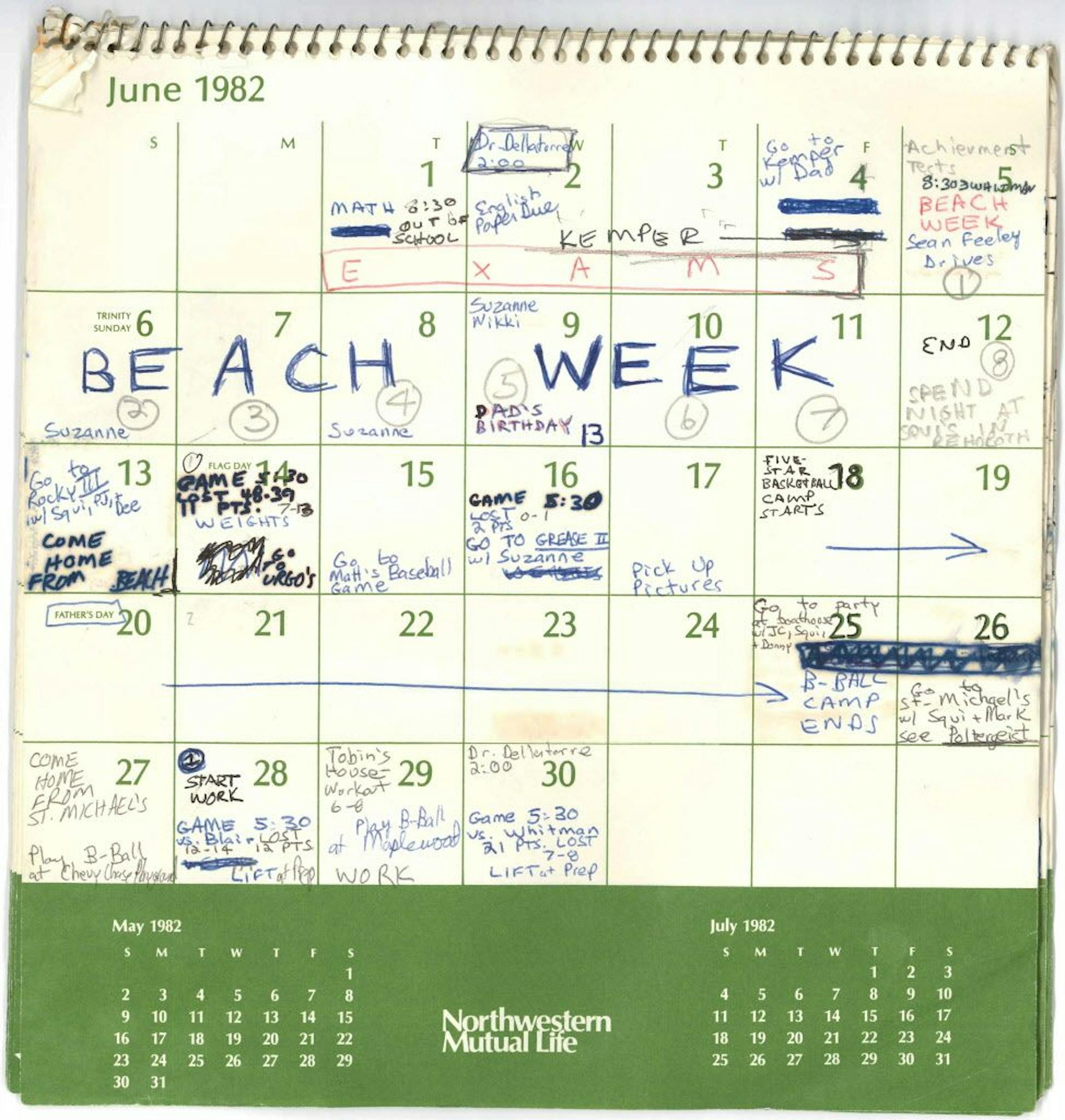 In an image released by the Senate Judiciary Committee, a page from a calendar Brett Kavanaugh kept in 1982. The annotations complicate Kavanaugh's self-drawn portrait of a diligent student obsessed mainly with sports and reaching the top of his class. (Senate Judiciary Committee via The New York Times) -- FOR EDITORIAL USE ONLY --