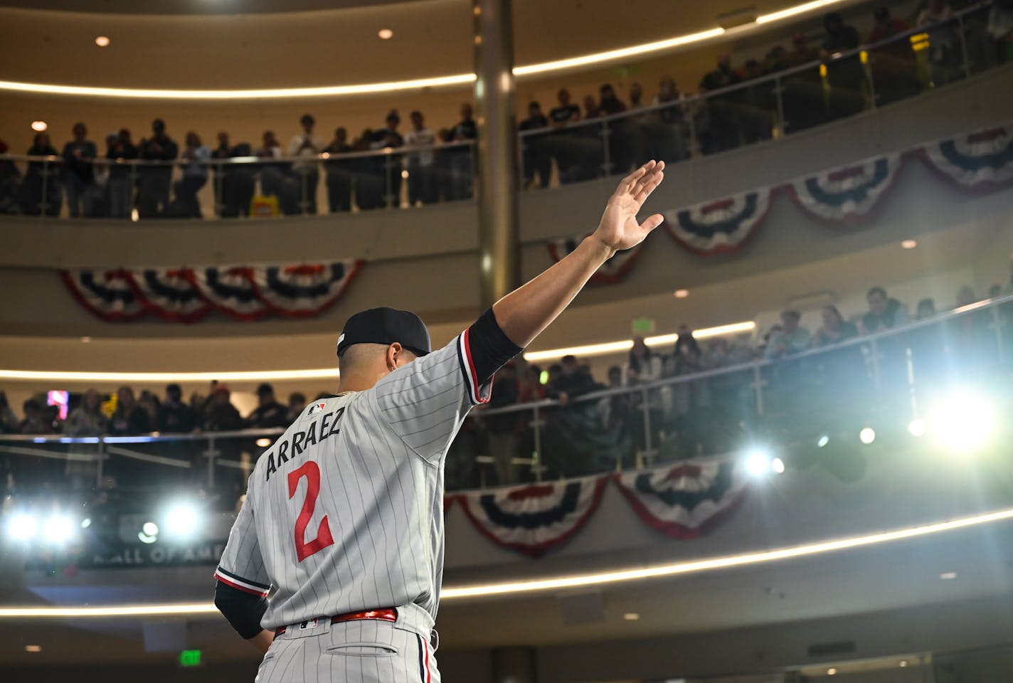 Minnesota Twins first baseman Luis Arraez (2) models a new Twins jersey Friday, Nov. 18, 2022 at the Mall of America in Bloomington, Minn.. ] AARON LAVINSKY • aaron.lavinsky@startribune.com