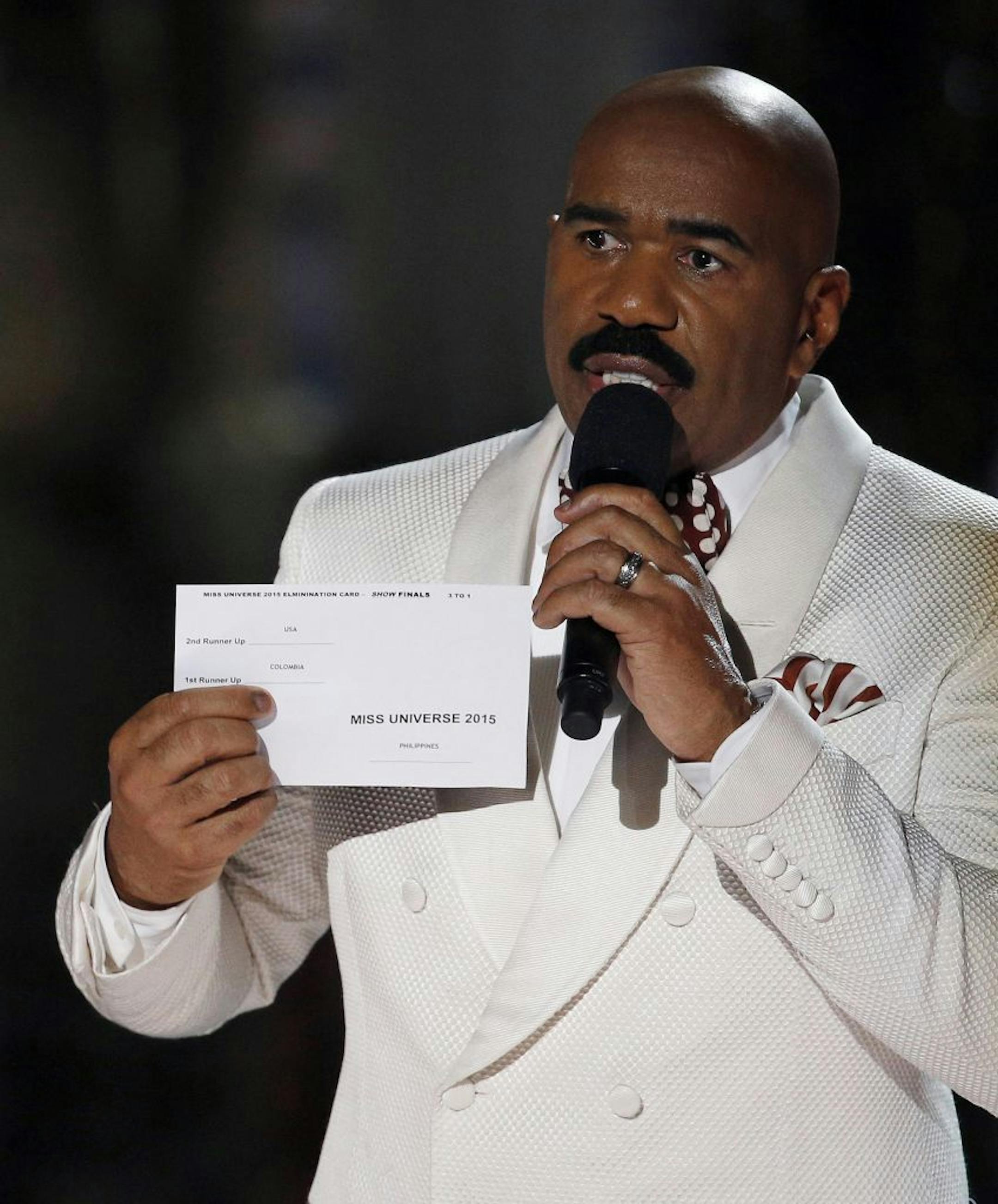 Steve Harvey holds up the card showing the winners after he incorrectly announced Miss Colombia Ariadna Gutierrez as the winner at the Miss Universe pageant on Sunday, Dec. 20, 2015, in Las Vegas. Miss Philippines Pia Alonzo Wurtzbach was named Miss Universe.