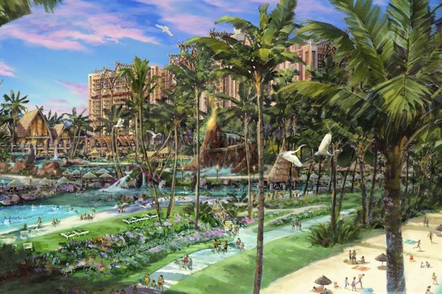 This rendering depicts Disney's first mixed-use family resort outside of its theme parks, scheduled to open in 2011 on Hawaii's island of Oahu.