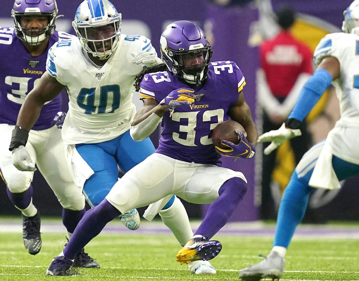 Minnesota Vikings running back Dalvin Cook (33) gained yards in the first quarter. ] ANTHONY SOUFFLE &#x2022; anthony.souffle@startribune.com The Minnesota Vikings played the Detroit Lions in an NFL game Sunday, Dec. 8, 2019 at U.S. Bank Stadium in Minneapolis. ORG XMIT: MIN1912081349505118