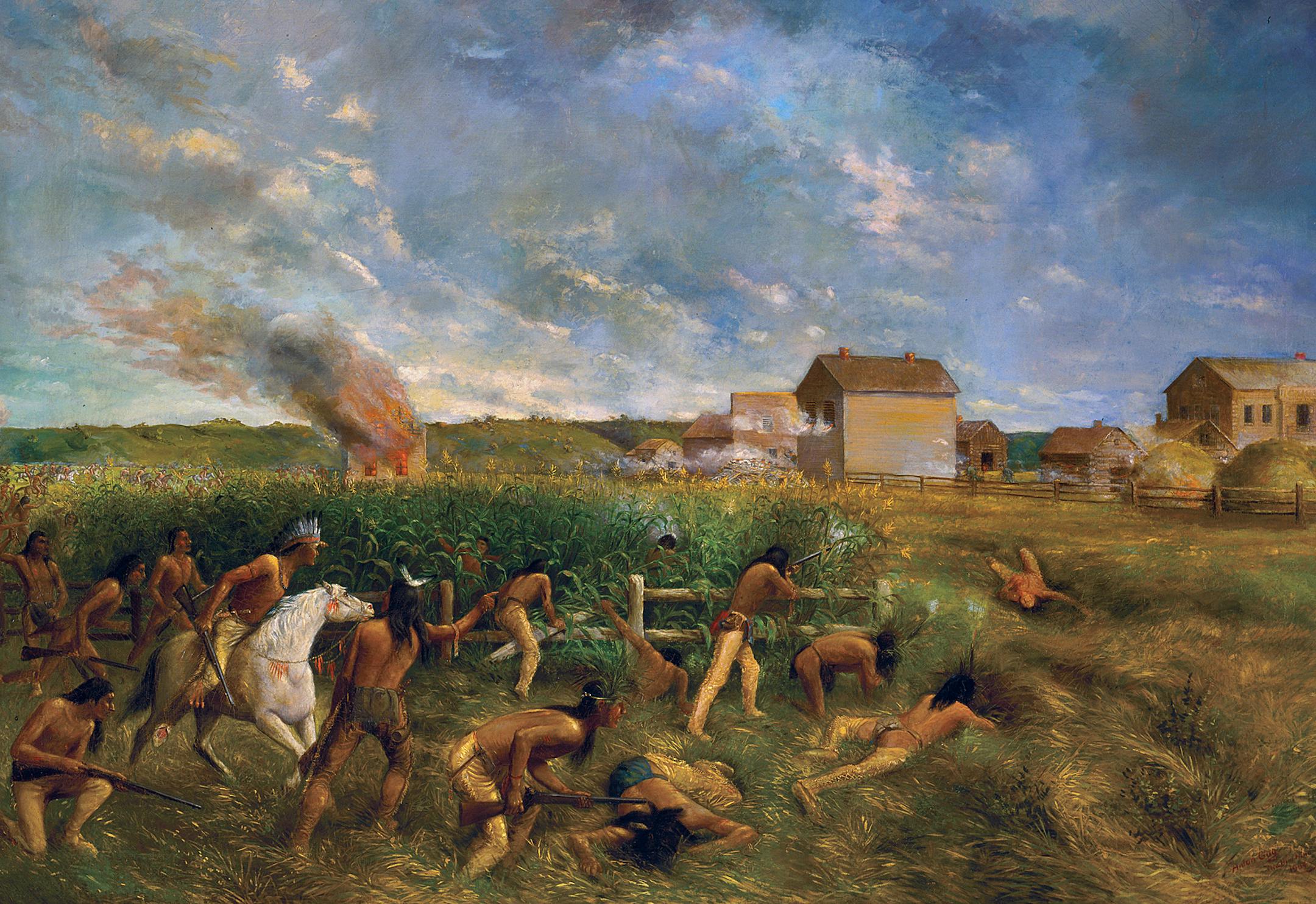 Art Collection Location No. AV1990.32.2 Negative No. 59027 Title: Attack on New Ulm during the Sioux Outbreak August 19th - 23rd 1862 Painter: Anton Gag (1859-1908) Date: 1904 Medium: Oil on Canvas Notes: Title from plaque on frame Subject: Dakota Conflict of 1862 Subject: Indians. Dakota. Santee. Warfare. ORG XMIT: MIN2015120116422949