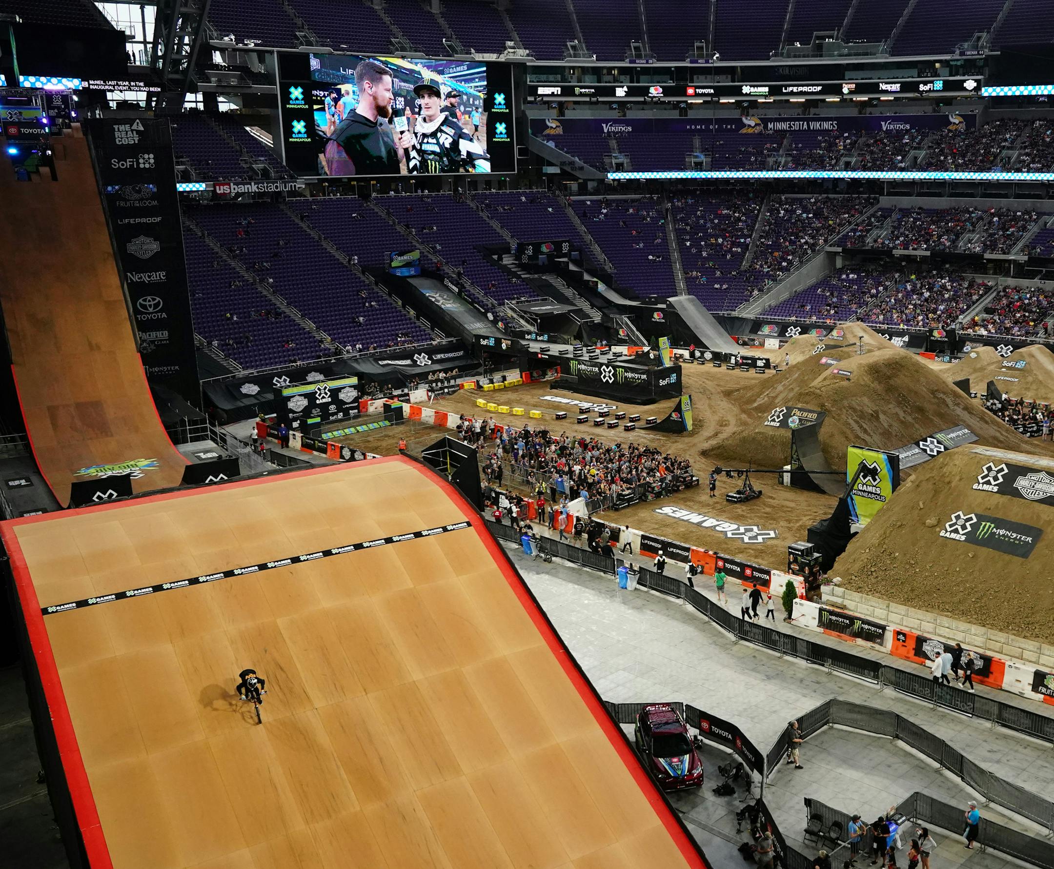Fans watched as riders competed in the Moto X QuarterPipe High Air Final as BMX riders practiced on the Real Cost BMX Big Air ramp Friday evening. ] ANTHONY SOUFFLE ï anthony.souffle@startribune.com Athletes competed in the annual XGames Friday, July 20, 2018 at U.S. Bank Stadium in Minneapolis.