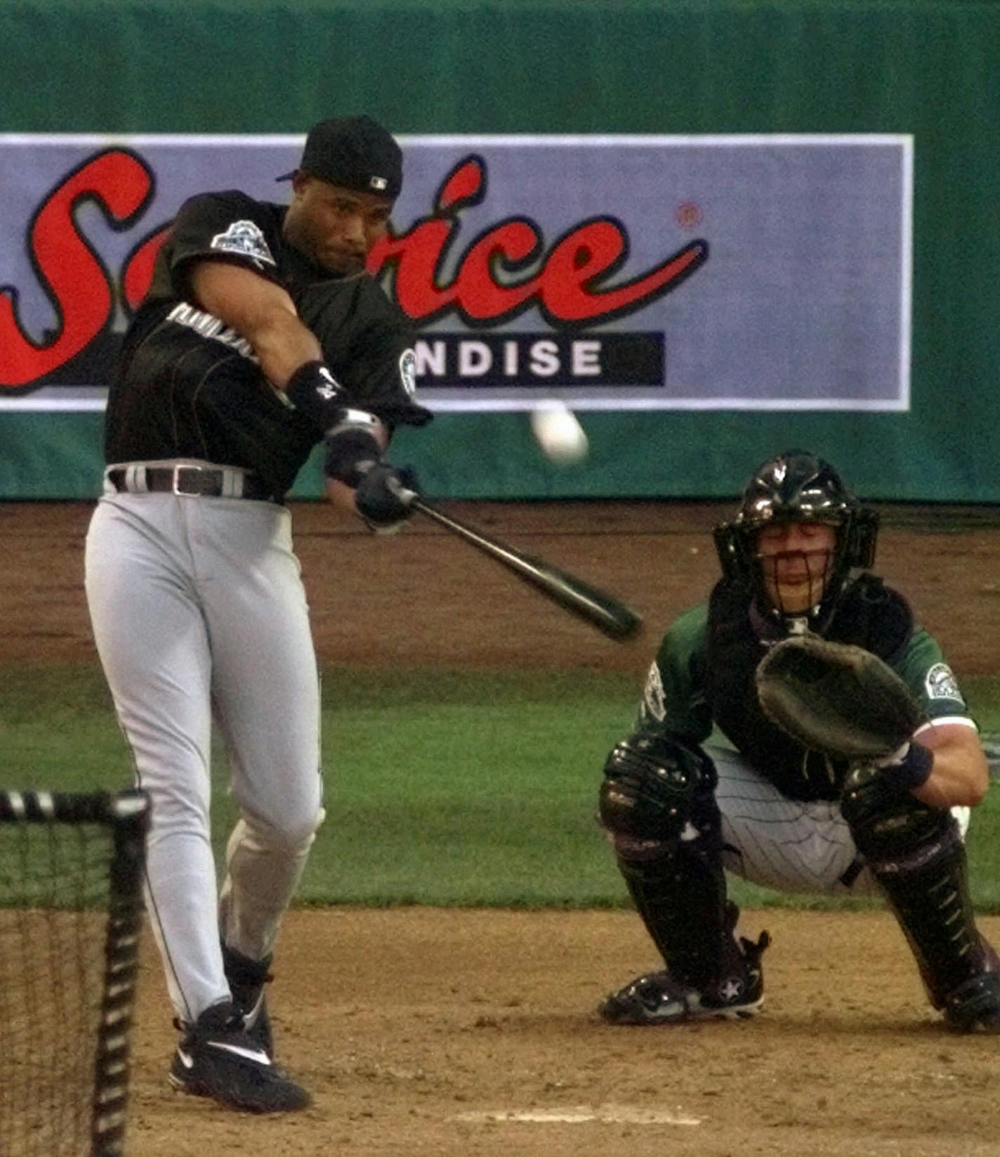 American League All-Star slugger Ken Griffey, Jr., of the Seattle Mariners, hits during the Home Run Derby Monday, July 6, 1998 at Denver's Coors Field. (AP Photo/Pat Sullivan) ORG XMIT: DXF128,DXF128