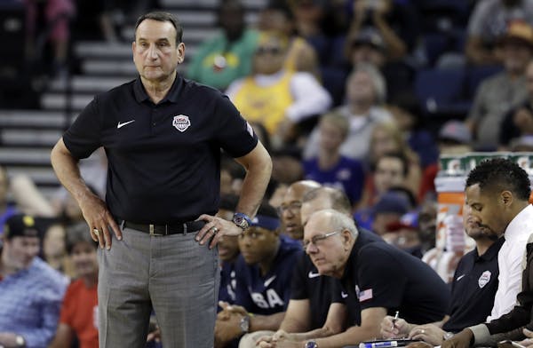 United States head coach Mike Krzyzewski during an exhibition basketball game against China Tuesday, July 26, 2016, in Oakland, Calif. (AP Photo/Marci