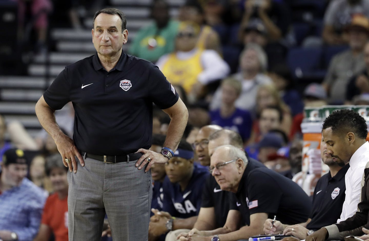 United States head coach Mike Krzyzewski during an exhibition basketball game against China Tuesday, July 26, 2016, in Oakland, Calif. (AP Photo/Marcio Jose Sanchez) ORG XMIT: CAMS314