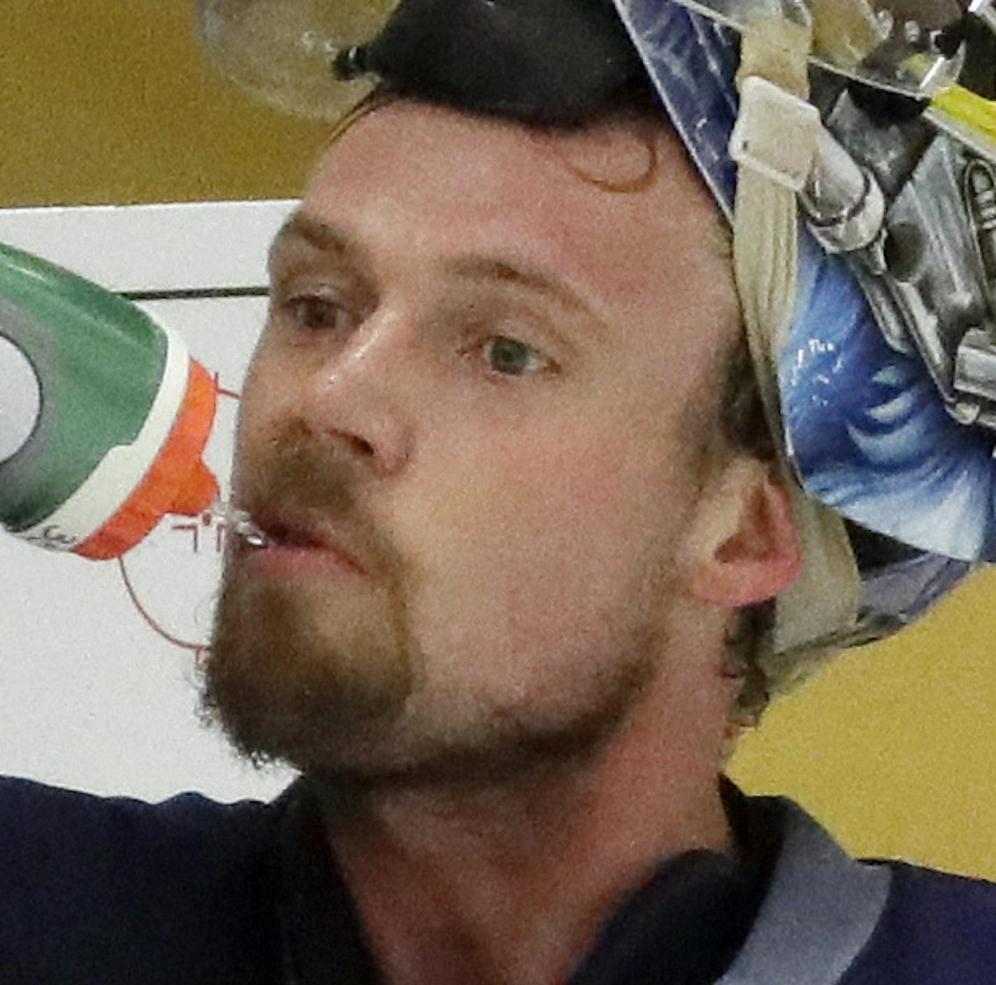 Nashville Predators goalie Pekka Rinne, of Finland, takes a drink during practice at the team's NHL hockey facility Thursday, May 25, 2017, in Nashville, Tenn. (AP Photo/Mark Humphrey)