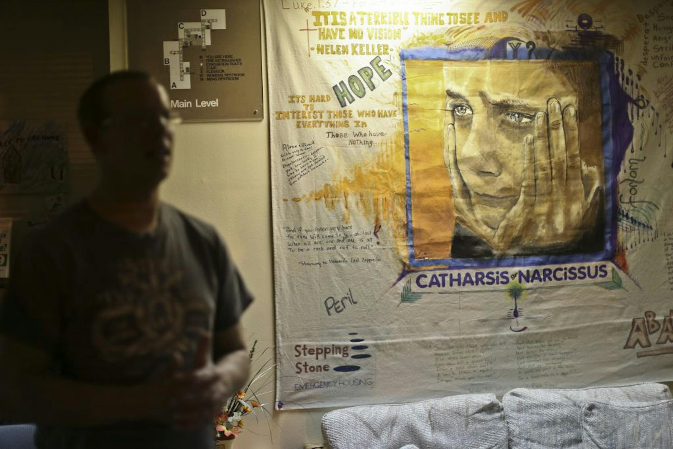 A inspirational sign that hangs up front at Stepping Stone Emergency Housing in Anoka, Minn., on November 19, 2012. For years, Anoka County's only homeless shelter had just 16 beds. The county recently moved Stepping Stone to a new facility, in the Cronin Building on the county's Corrections grounds which will eventually more than tripling the number of available beds.