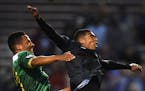 Tampa Bay Rowdies defender Tamika Mkandawire (17) and Minnesota United FC forward Stefano Pinho (11) went up for a header in the second half Saturday.