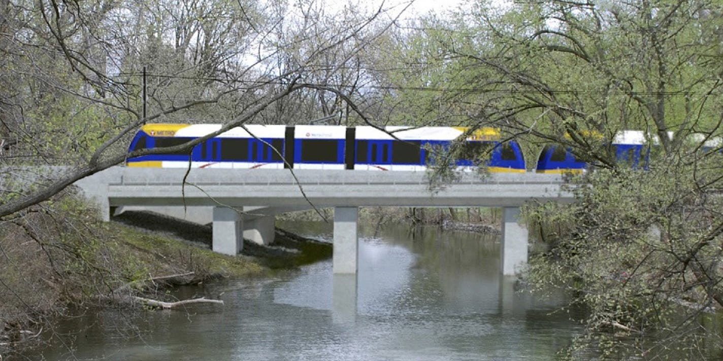 A rendering of the Southwest Light Rail train passing through the Kenilworth Lagoon ORG XMIT: MIN1605131425430376 ORG XMIT: MIN1605181436410516 ORG XMIT: MIN1607201316000459