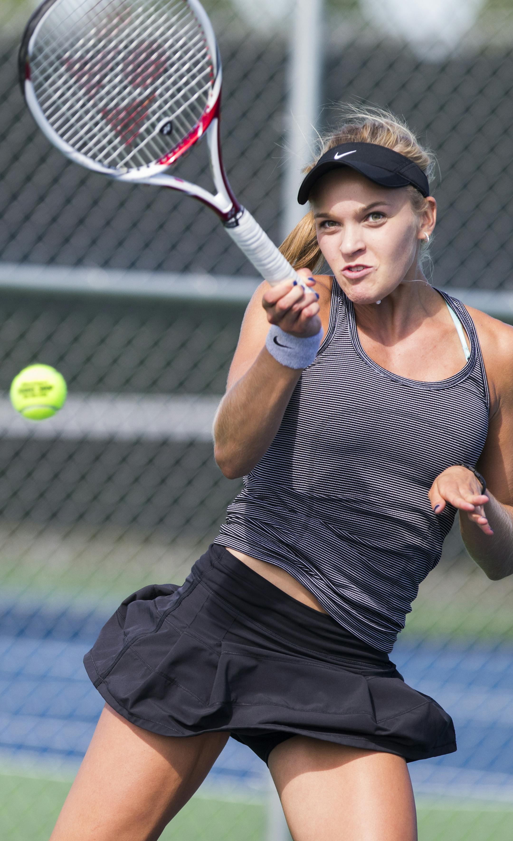 Eastview girls' tennis player Jordan Kopfer played in a match against Lakeville South in Apple Valley, Minn., on Tuesday, August 26, 2014. ] RENEE JONES SCHNEIDER ‚Ä¢ reneejones@startribune.com