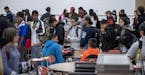 Worthington High School students lined up for lunch in a crowded lunchroom Monday, October 14, 2019 in Worthington, MN. The stage had to be taken down