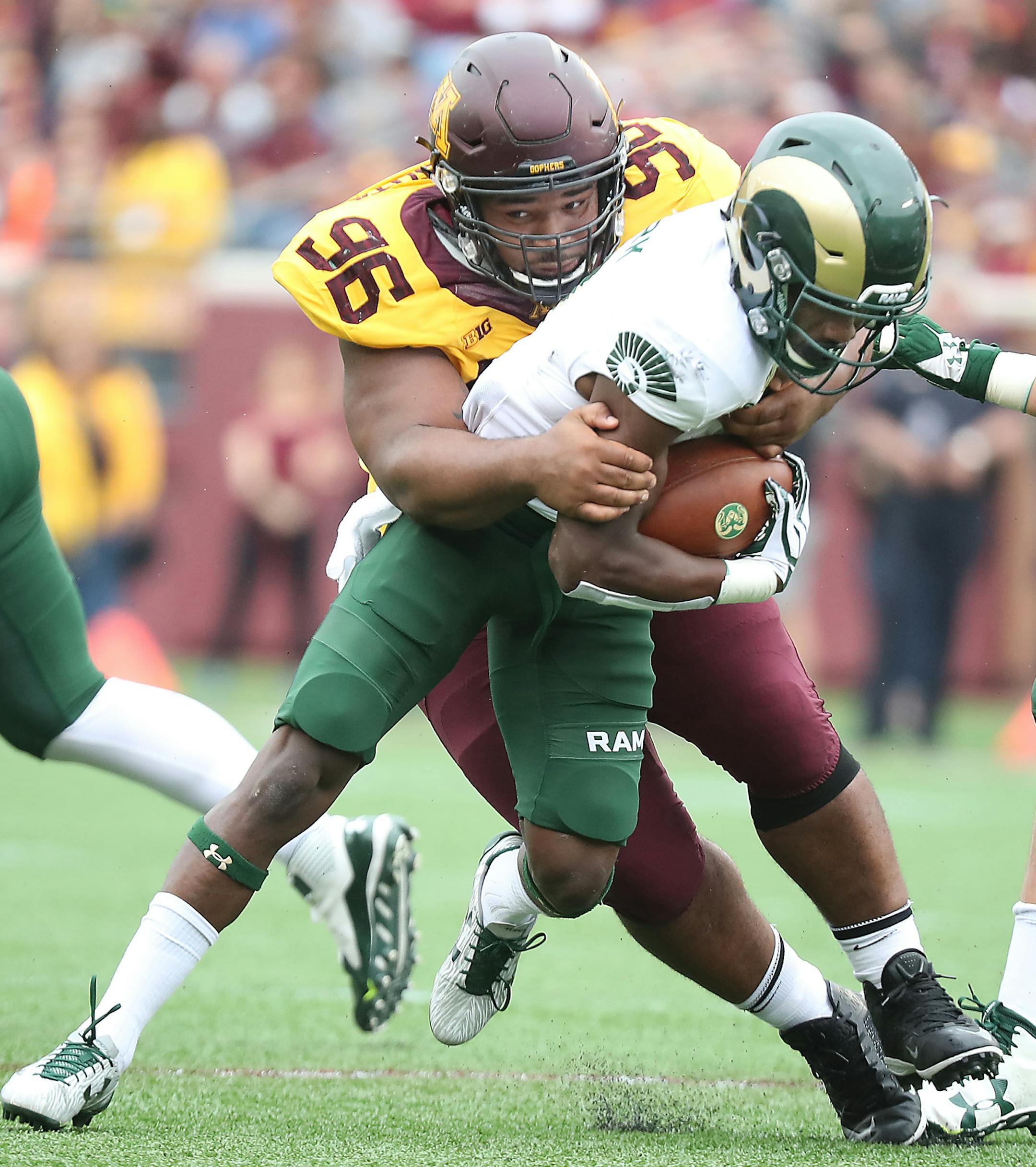 Minnesota's defensive lineman Steven Richardson stopped Colorado State's wide receiver Detrich Clark in the fourth quarter as the Gophers took on Colorado State at TCF Bank Stadium, Saturday, September 24, 2016 in Minneapolis, MN. ] (ELIZABETH FLORES/STAR TRIBUNE) ELIZABETH FLORES • eflores@startribune.com