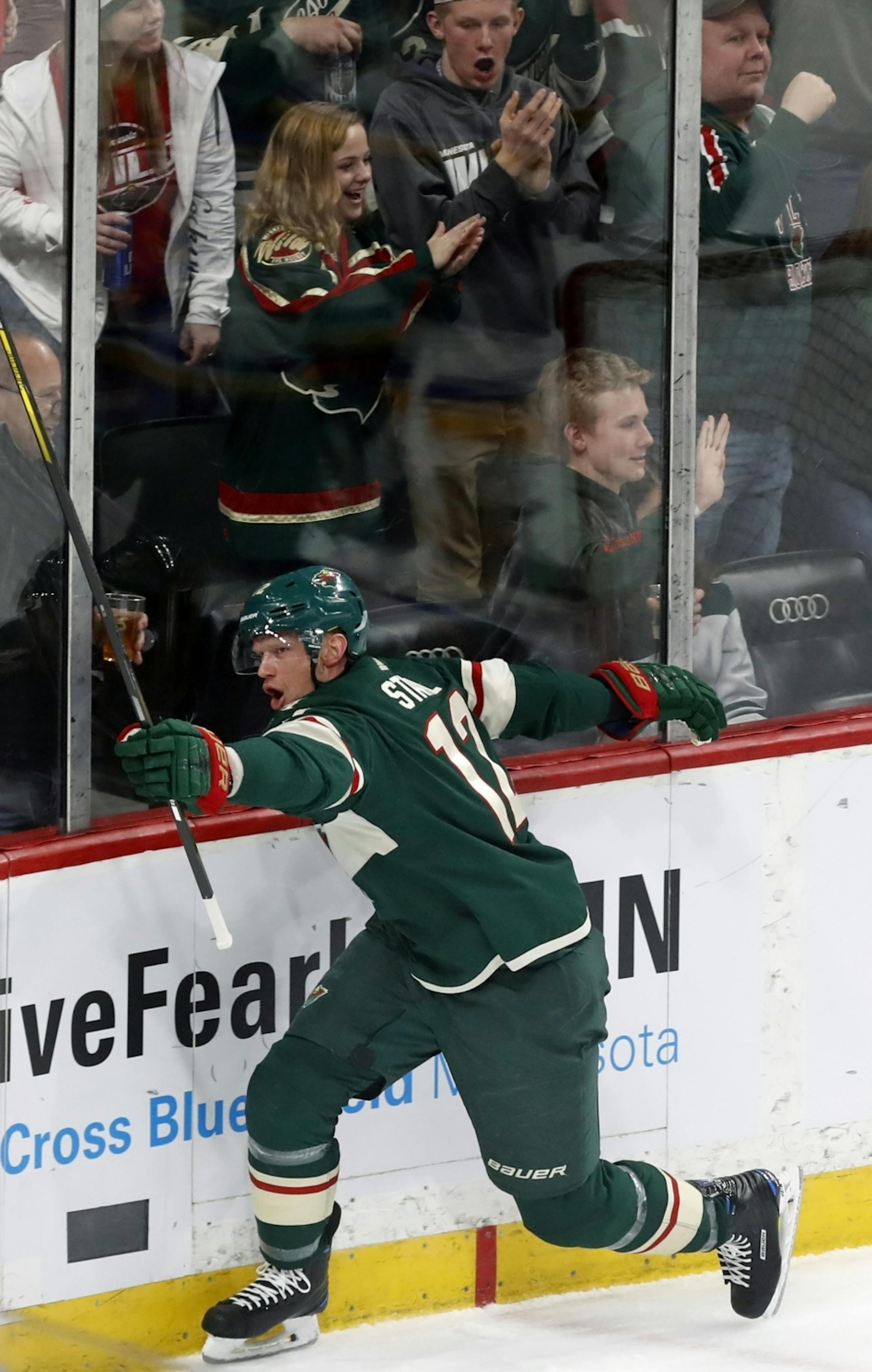 Wild player Eric Staal(12) celebrates the second goal of the game.
