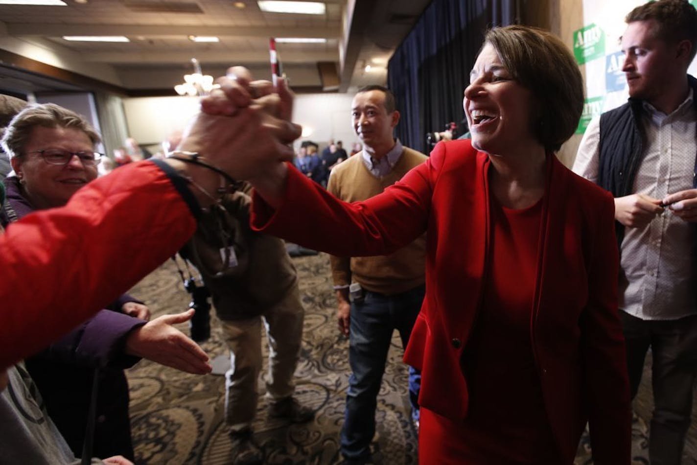 Democratic presidential candidate Sen. Amy Klobuchar, D-Minn., greets supporters at a rally, Saturday, Feb. 29, 2020, in Portland, Maine.