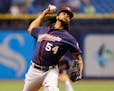 Minnesota Twins starting pitcher Ervin Santana throws in the first inning against the Tampa Bay Rays at Tropicana Field in St. Petersburg, Fla., on Tu