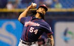 Minnesota Twins starting pitcher Ervin Santana throws in the first inning against the Tampa Bay Rays at Tropicana Field in St. Petersburg, Fla., on Tu