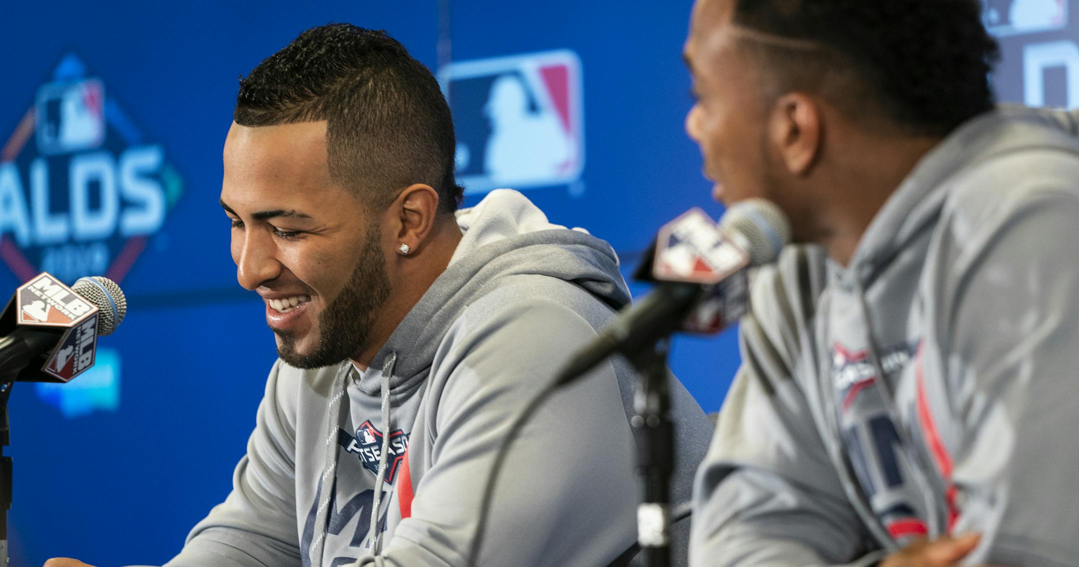 Eddie Rosario, left, and Jorge Polanco — two Twins with postseason experience at Yankee Stadium — faced the media on Tuesday before facing the Yankees on Friday.
